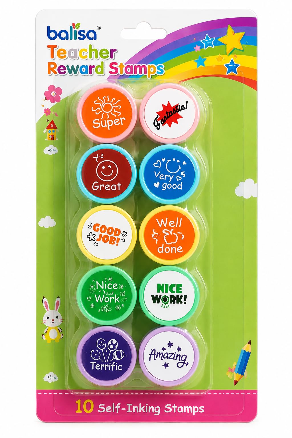 Balisa Teacher Reward Stamp Set | 10 Self-Inking Motivational Stamps for Teachers | No Ink Pad Required | Quick Dry Reusable Classroom Stamps for Homework, Notebooks, Worksheets and School Rewards-image-9
