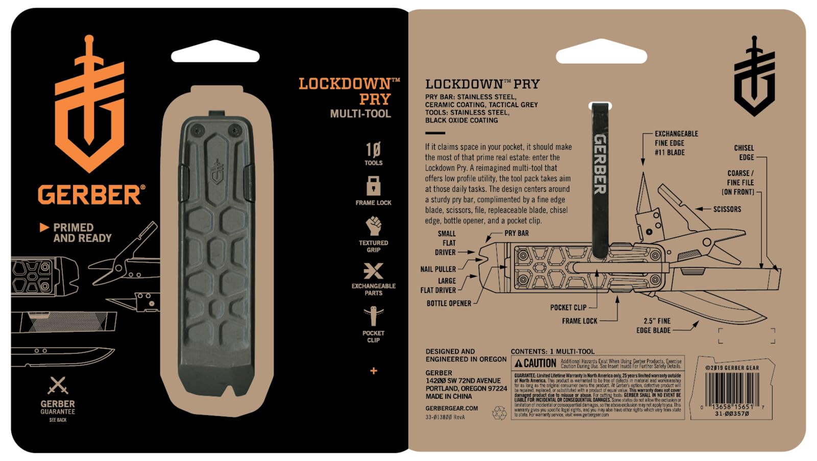 Gerber Herramienta multifunción con 10 funciones, Cuchillo de hoja lisa, LockDown Pry, Aluminio/5Cr15MoV, Gris, 31-003706