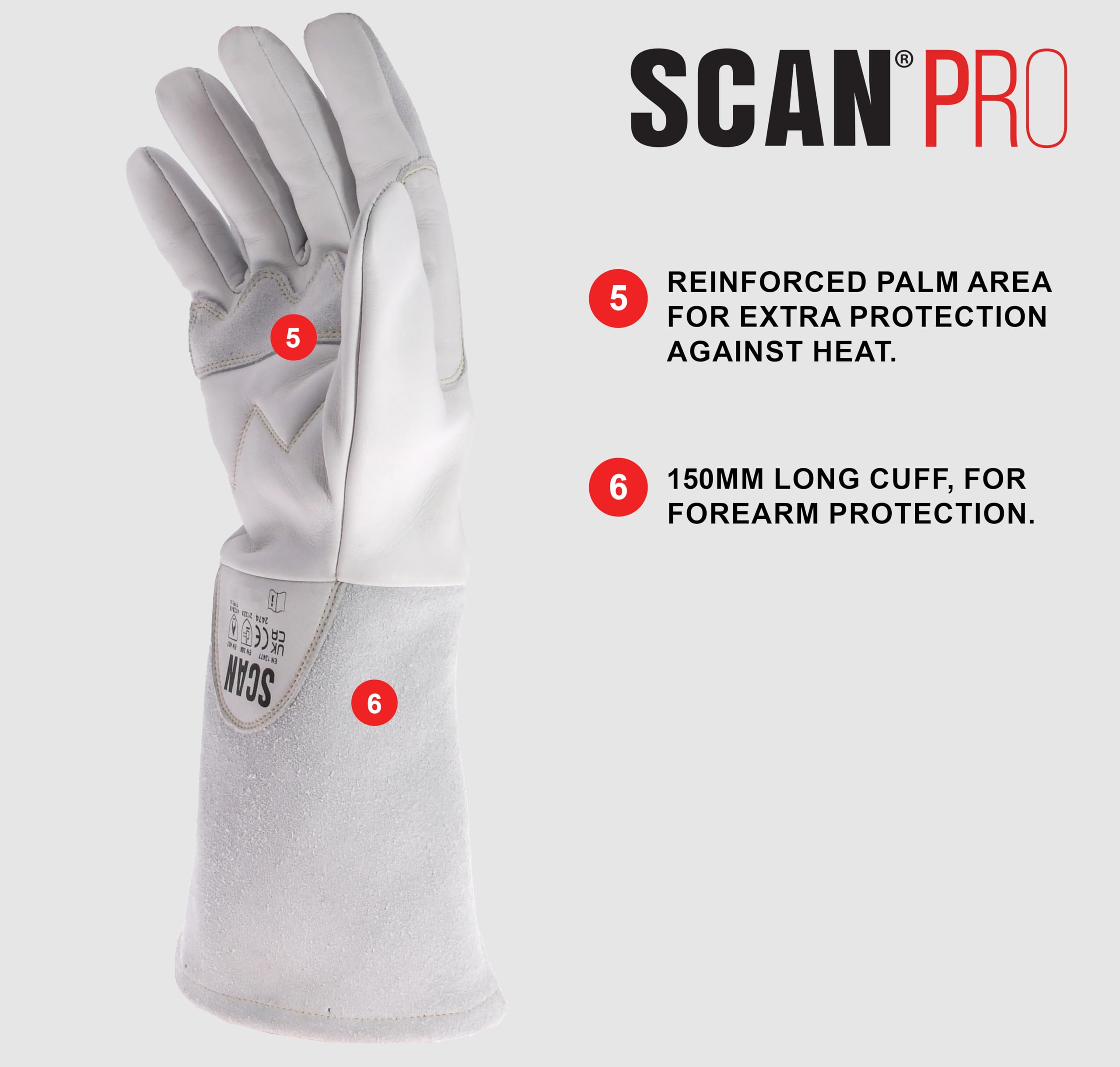 Scan Pro Welding Gloves, Premium Leather Flame Retardant Protective Gloves with Reinforced Palm & Thumb, Aramid Stitching - Image 2