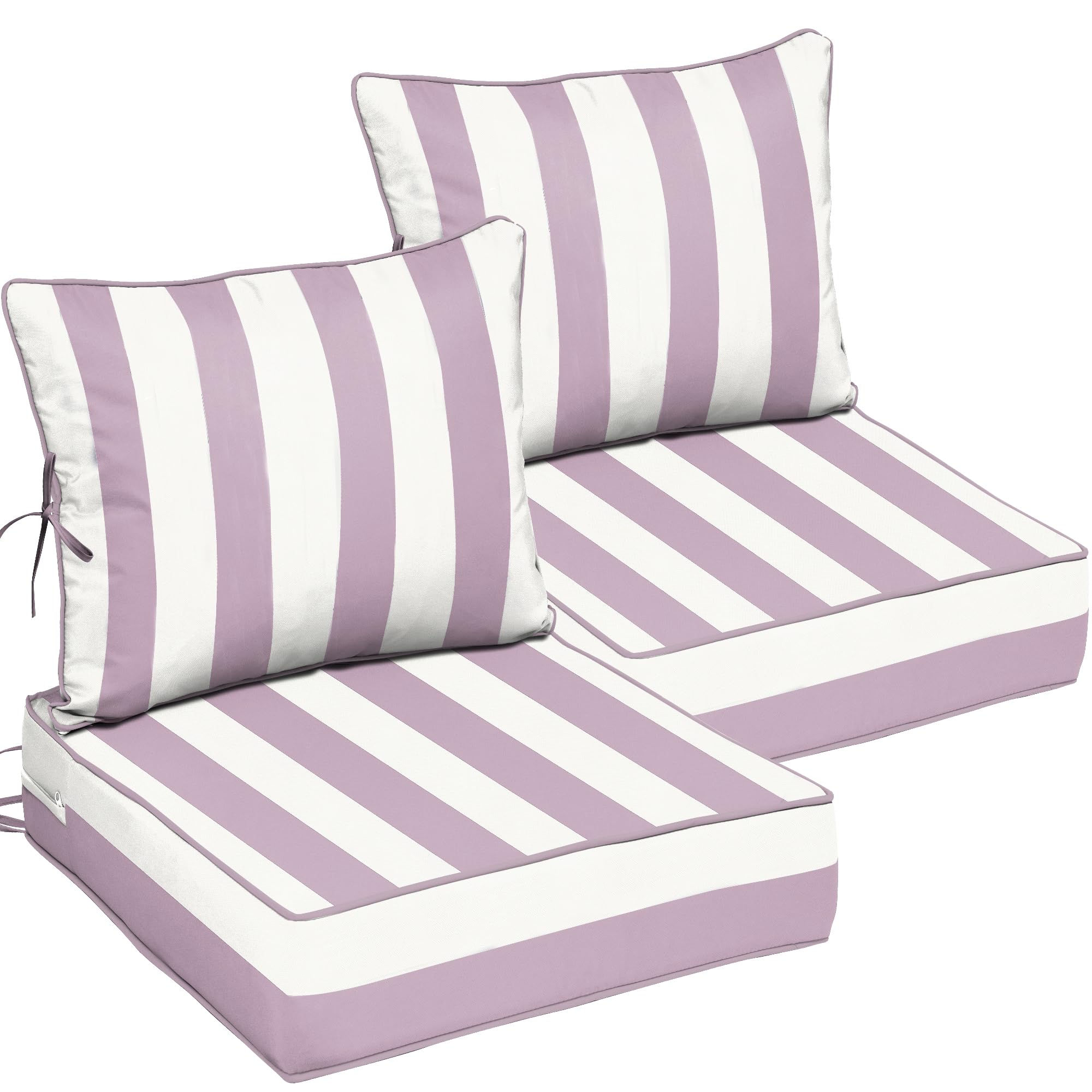 22x24 Outdoor Chair Cushions Set of 2, Waterproof Deep Seat Cushions for Patio Furniture with Removable Cover, Fade Resistant 4'' Outdoor Seat Cushion w/ Ties Handle for Sofa Couch,Pink White Striped