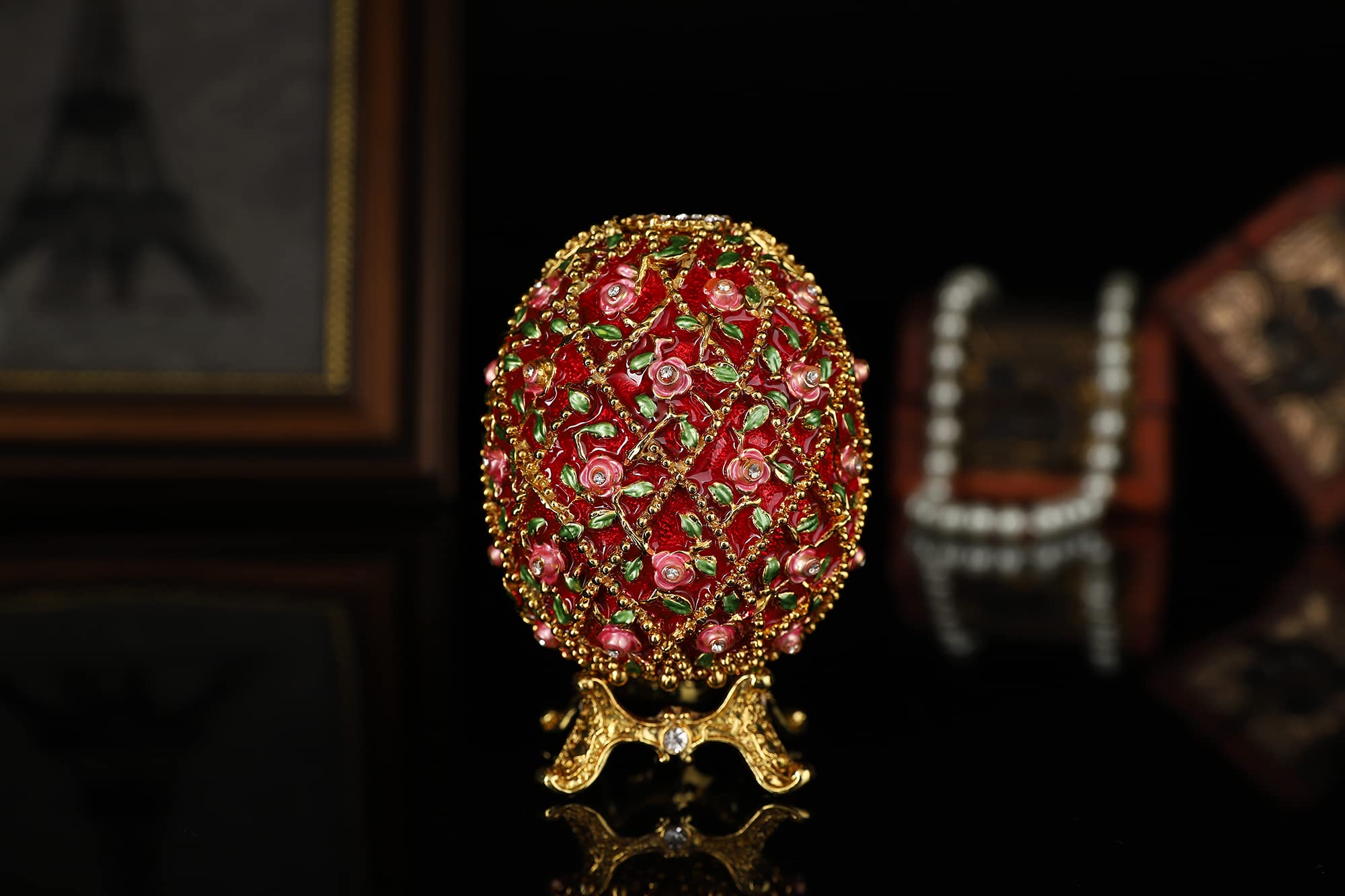 QIFU Figura de huevo Faberge rojo vintage pintada a mano con bisagras, regalo único para la familia..