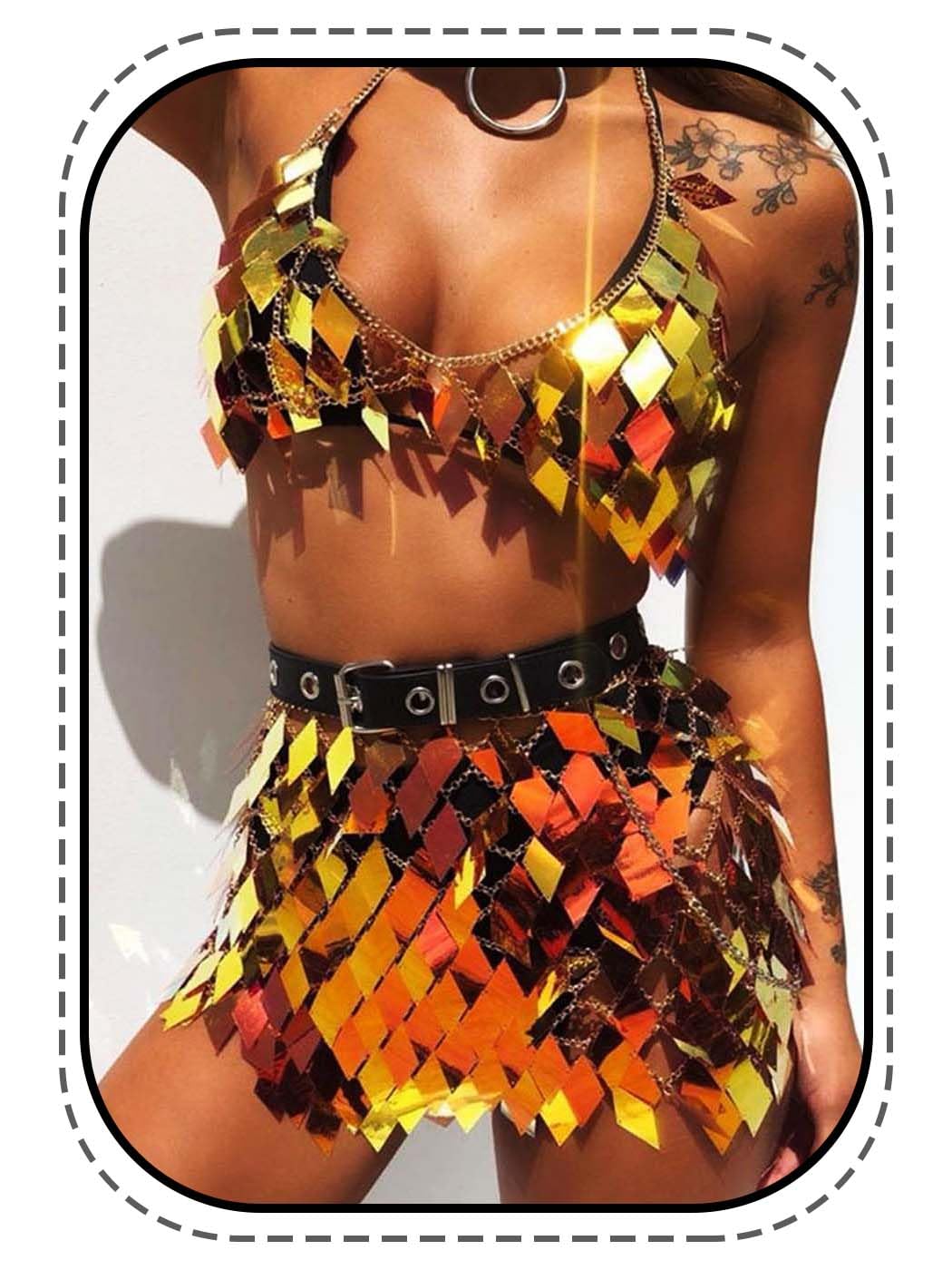 IYOU Pailletten Quaste Körperkette Outfits BH-Rock Blau Bikini Rave Festival Party Strand Mode Clubkleidung Zubehör zum Damen(Gold)