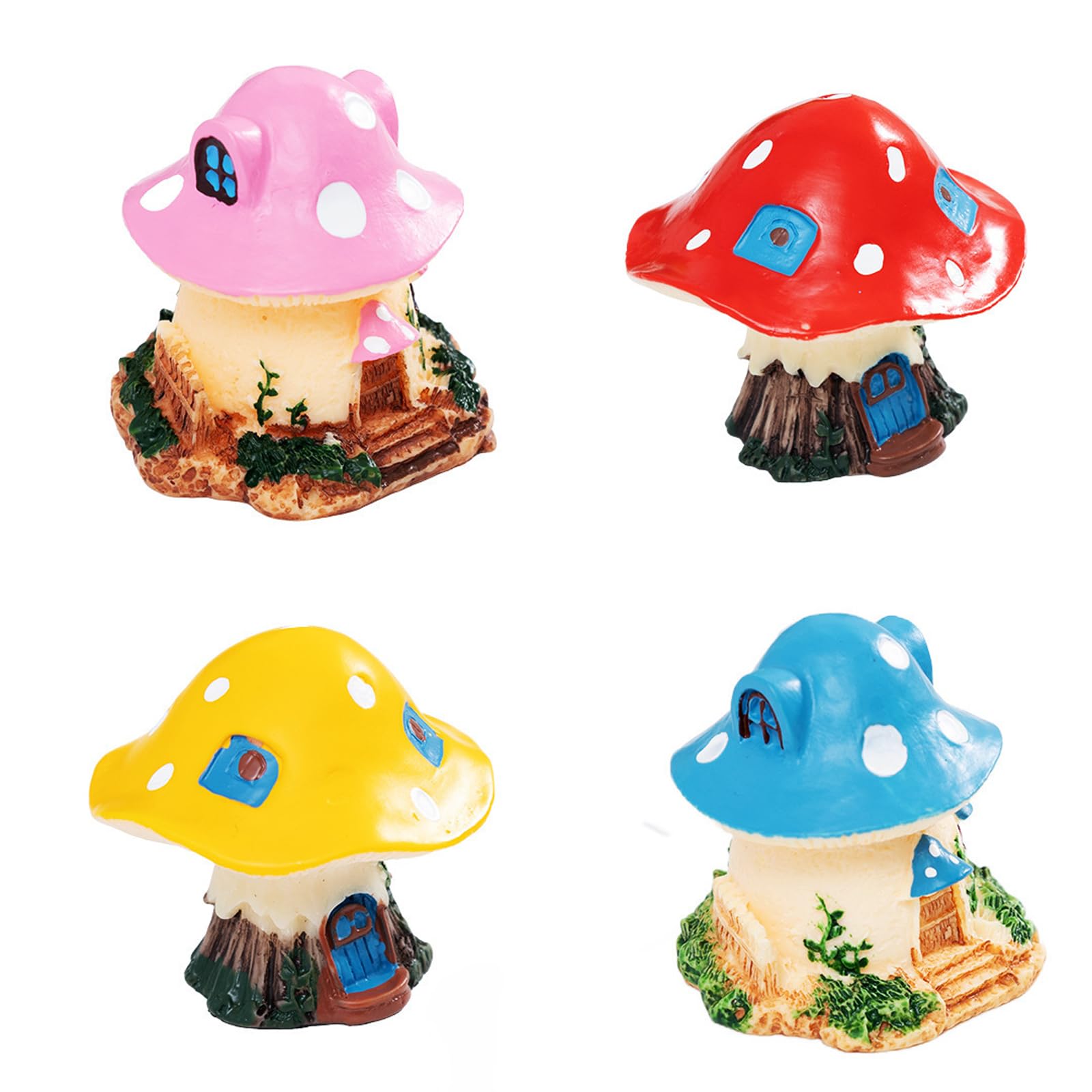 Resin Mushroom Cottage Figurines Set of 4, Small Fairy Garden House Decor for Terrariums, Pots, Shelves and Desk Arrangements Accent Cake Toppers Mushroom House Figurines Fairy Garden Decor Terrarium