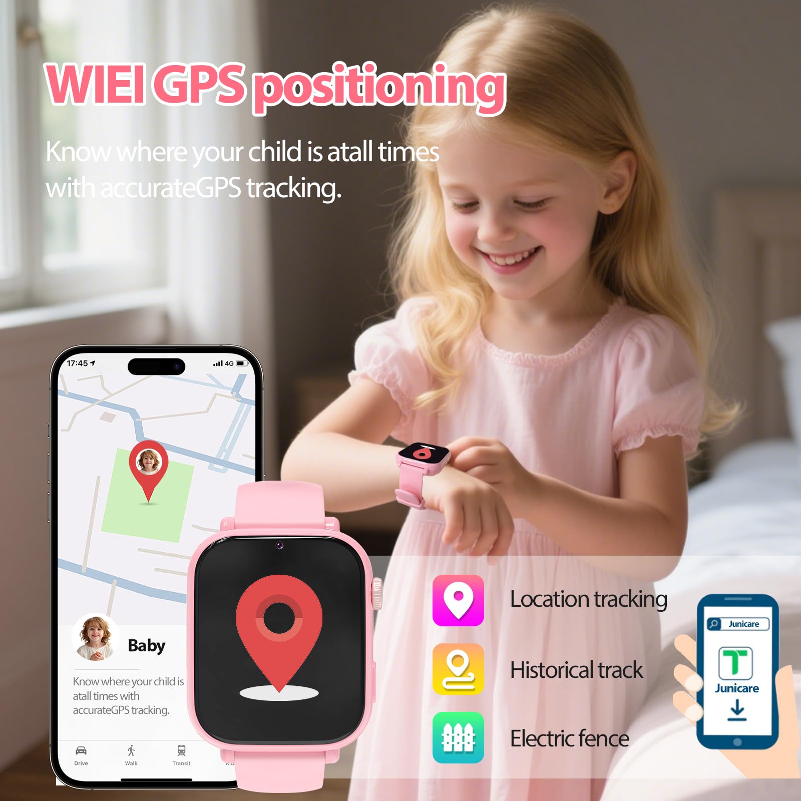 PTHTECHUS Smartwatch per Bambini, 4G Orologio GPS Bambini, Videochiamata e Telefono, WIFI/GPS/LBS Contapassi Ricevi SMS SOS Calcolatrice Timer Sveglia, Regali per Bambini Dai 4 Anni in Su, Rosascuro