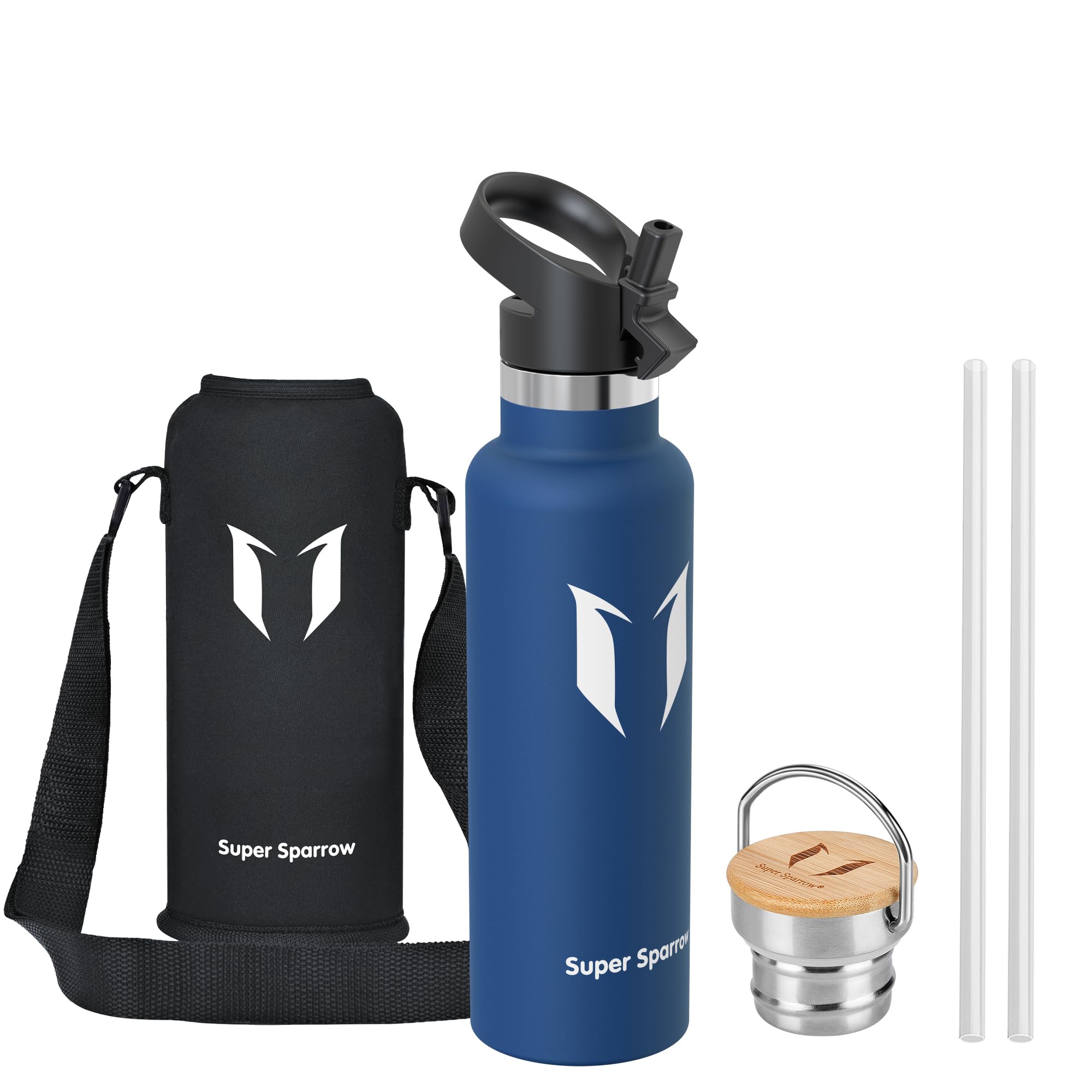 Super Sparrow Water Bottle Stainless Steel - 620ml - Insulated Metal Water Bottles - Standard Mouth Flask - BPA Free - Straw Bottle for Work, Gym, Sports - 2 Lids