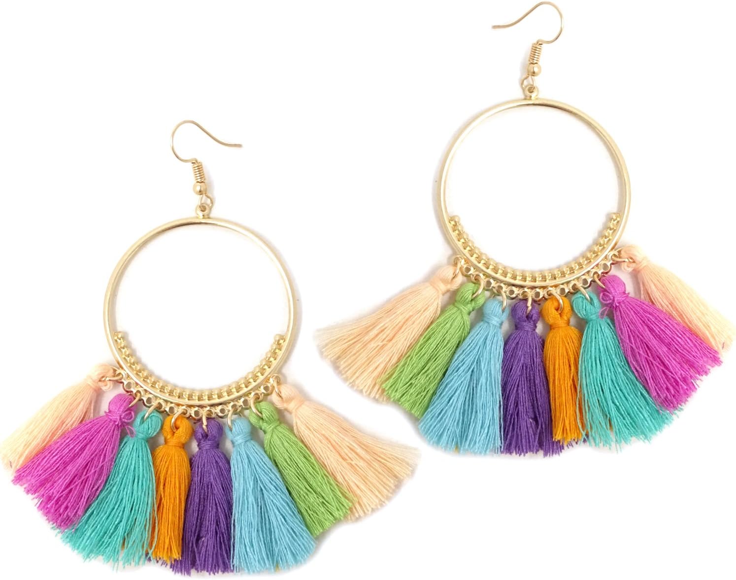 Honbay 1 Pair of Colorful Bohemian Big Circle Fan Shape Tassel Earring Fashion Dangle Drop Earring