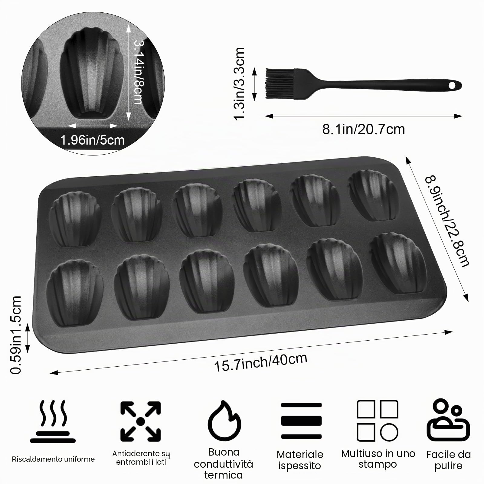 2 Pezzi Stampo Madeleine Teglia da forno per 12 madeleine Teglia Antiaderente in Acciaio al Carbonio Teglie per Torte per Cioccolato Pasticcini Muffin Cupcakes Brownies 40x 22.8 cm