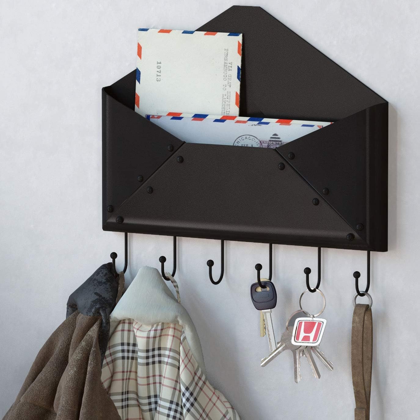 WALLNITURE Envelope Mail Holder Entryway Coat Key Rack with 6 Hooks Steel Black 13 Inch