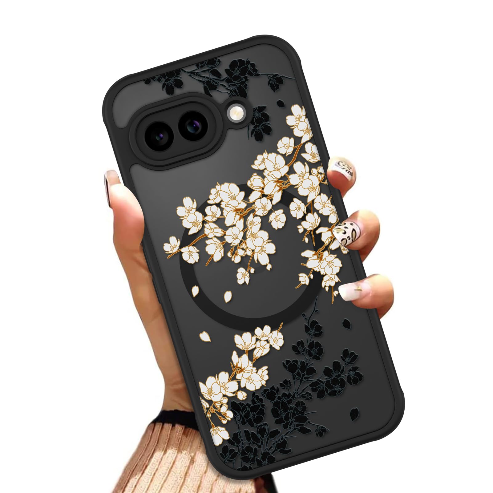 OOK Case for Google Pixel 9A 6.3 Inch (Compatible with MagSafe) Floral Flowers Design Translucent Phone Cover Soft TPU + Hard PC Anti-Scratch
