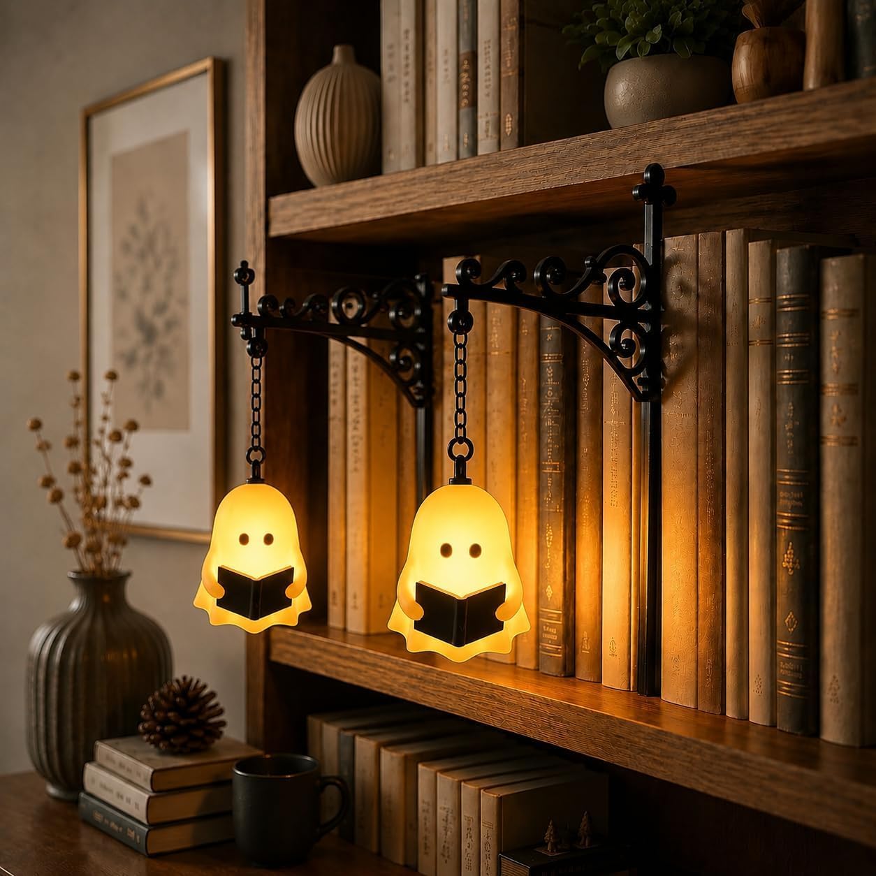 Library Lantern-Decorative Bookshelf Lighting, Mini Bookshelf Lamp Slides Between Books, Warm Amber LED Nook Light & Bookshelf for Book Nook, Shelf Decor Gift (Ghost Reader（2 PCS）)