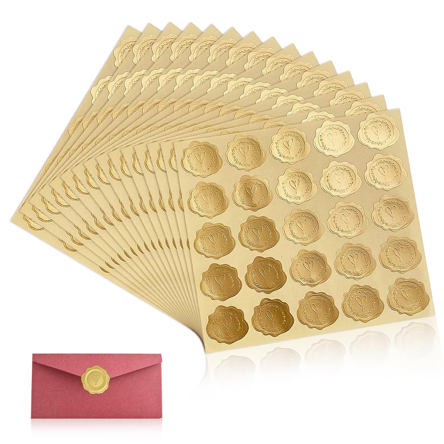 RYAN 375 Pieza Pegatinas Boda Doradas de Sello de Cera Corazones Etiquetas de Sellos Autoadhesivas en Relieve para Regalos Tarjetas de Felicitación Regalo Navidad Sobres