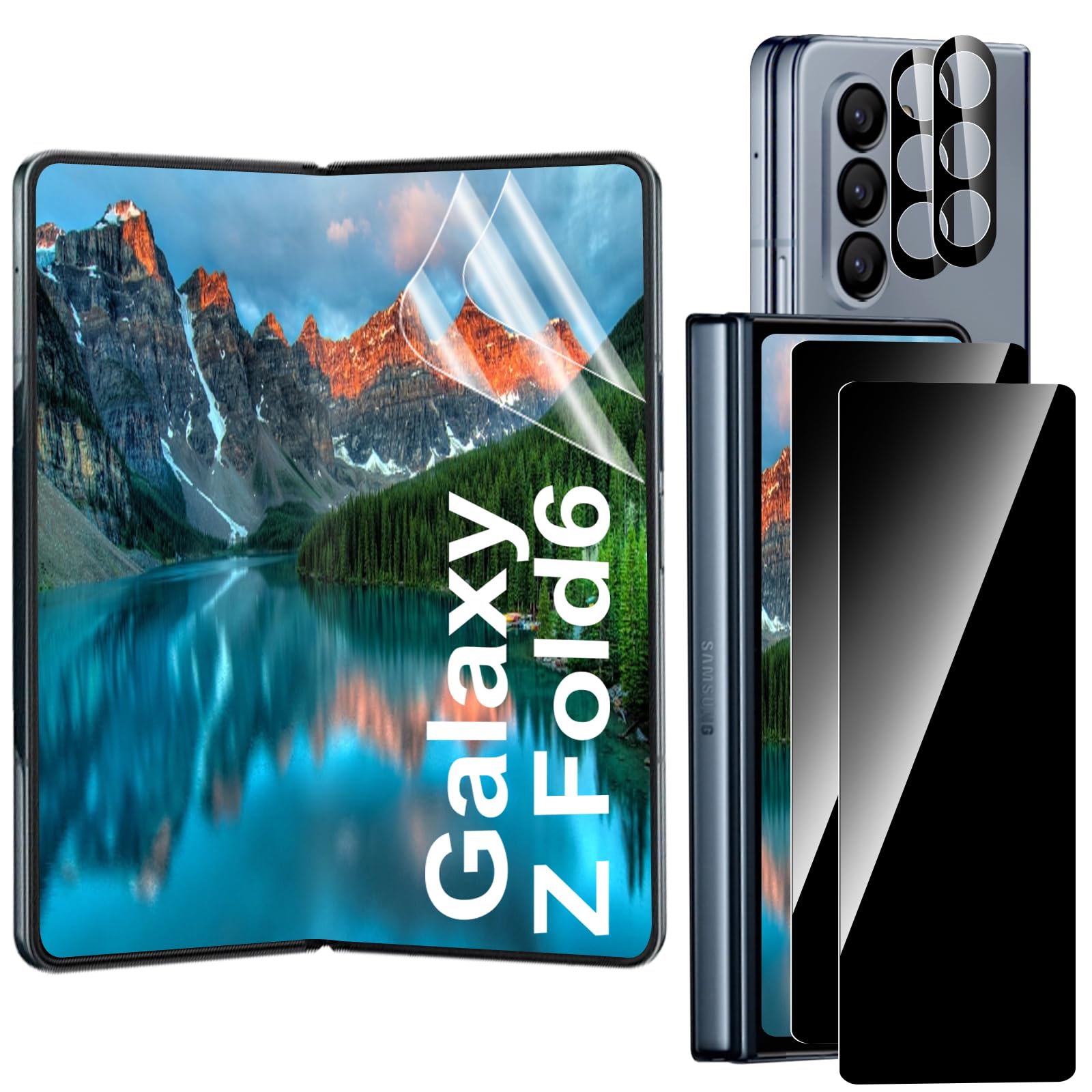 OFOCASE[2 Sets 6PCS] Galaxy Z Fold 6 Privacy Screen Protector, for Samsung Galaxy Z Fold 6 Soft TPU Anti-spy Inner Screen Protector+Glass Front Screen Protector+Camera Lens Protector