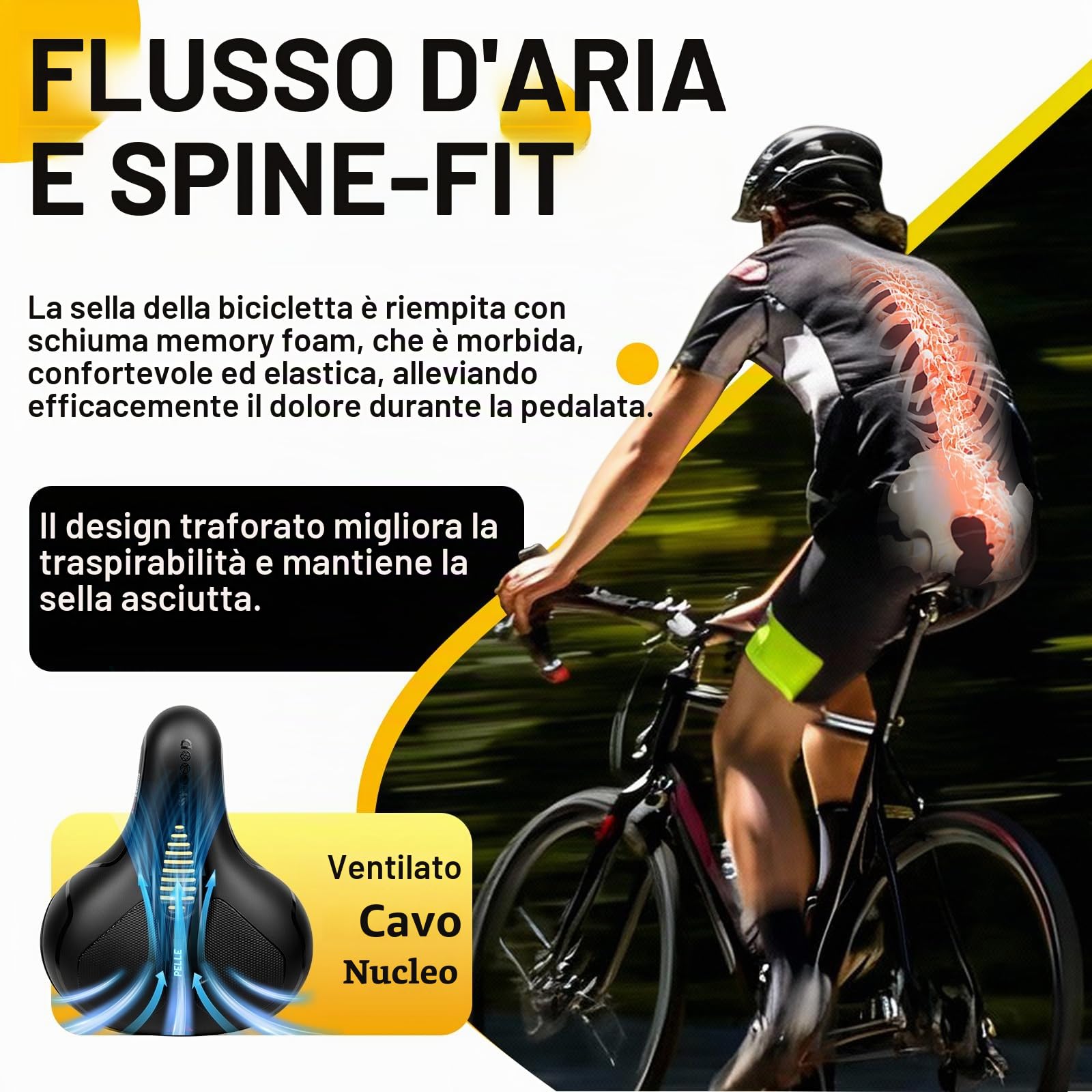SPGOOD Sella Bici Comoda, Sella Bicicletta Morbida Memory Foam, Ergonomica Traspirante Ammortizzante Con Copertura Impermeabile Bici da Strada City MTB Corsa per Donna Uomo Bambino 25 x 21 cm