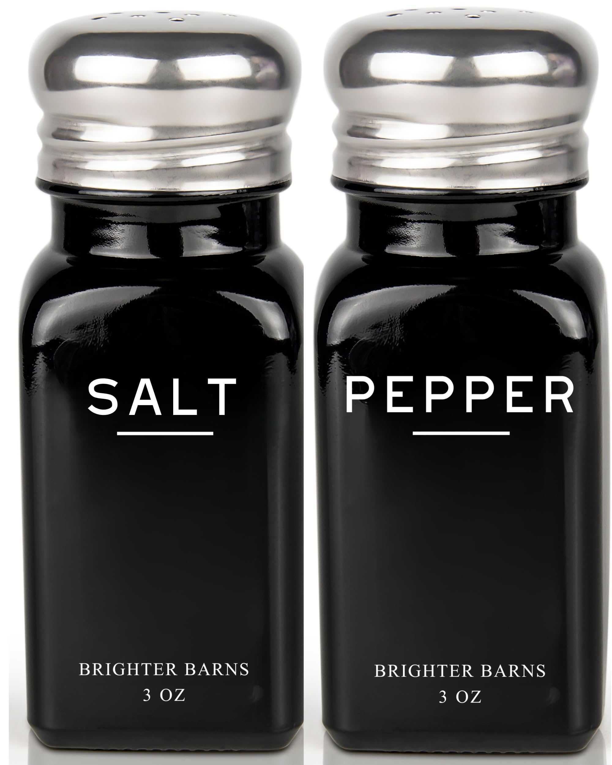 Black Salt and Pepper Shakers Set by Brighter Barns - Modern Glass Salt Shaker with Stainless Steel Lids - Neutral Kitchen Decor and Accessories for Minimalist Home, Restaurant, Dining Room (Black)