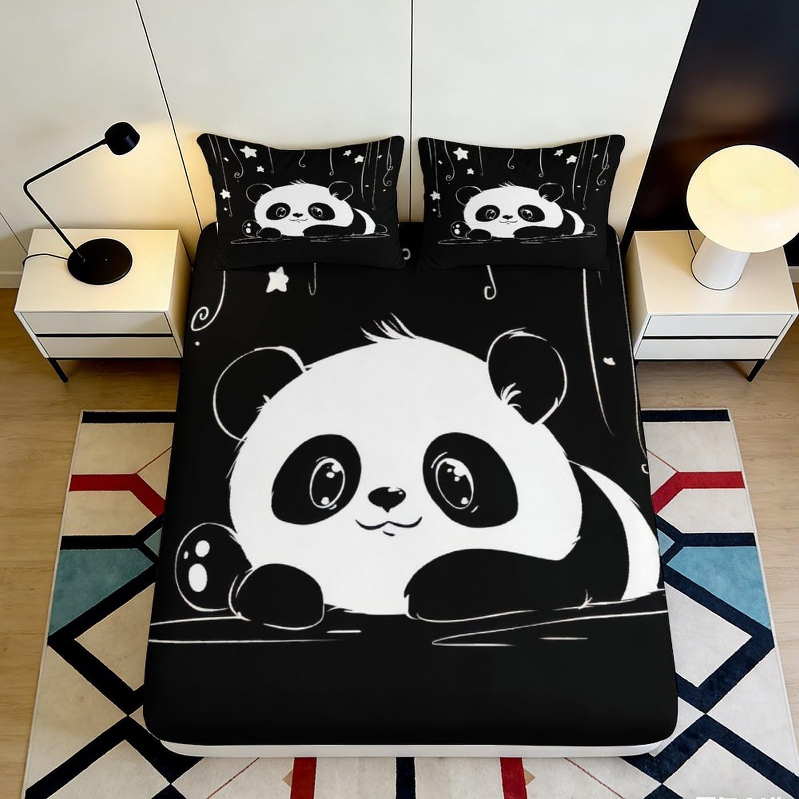 3D Printed Cute Panda Fitted Sheet Microfiber Black White Cartoon Bamboo Mattress Cover for Bedroom Guest Room Decor 90x200x25cm