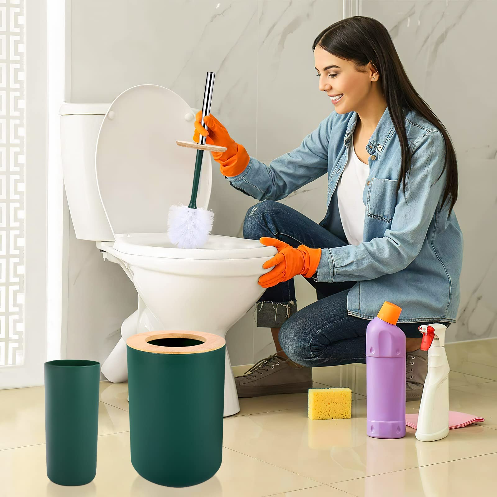SLDIYWOW Set di 9 accessori da bagno verde scuro con pattumiera, vassoio, dispenser per sapone, portaspazzolino, portaspazzolino, portasapone, scopino per WC e porta Q-tip per bagno/inaugurazione