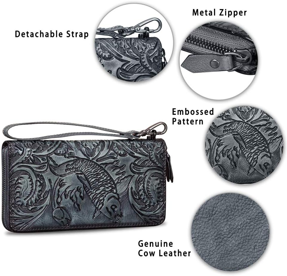 Genuine Leather Wallet Women's Zip Around Wristlet Long Purse Vintage Embossing Cowhide Capacity Handmade Clutch (Gray)