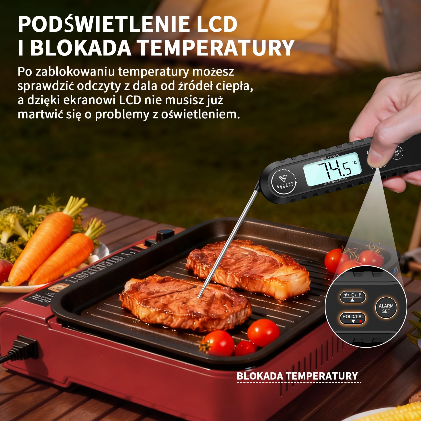 DOQAUS Termometr do mięsa z 2 Sondami - Dokładność ± 1°C i Pomiar w 3 Sekundy, Alarm i Podświetleniem do Pieczenia i Grillowania (Czarny)