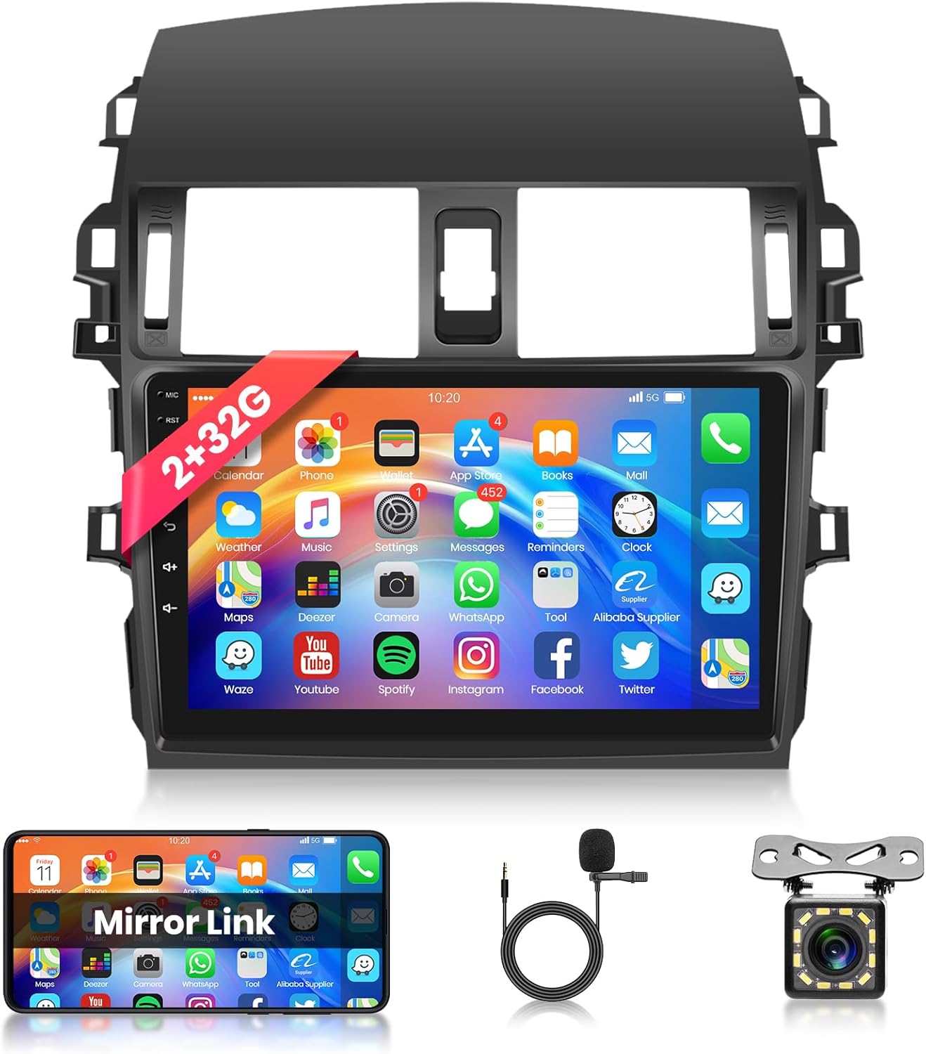 2+32G Android Car Stereo for Toyota Corolla 2009 2010 2011 2012 2013 with Mirror Link Car Radio, 9 Inch Touch Screen Head Unit Bluetooth WiFi GPS Navigation FM RDS AHD Backup Camera SWC 4 Core 2G+32G Wireless Carplay