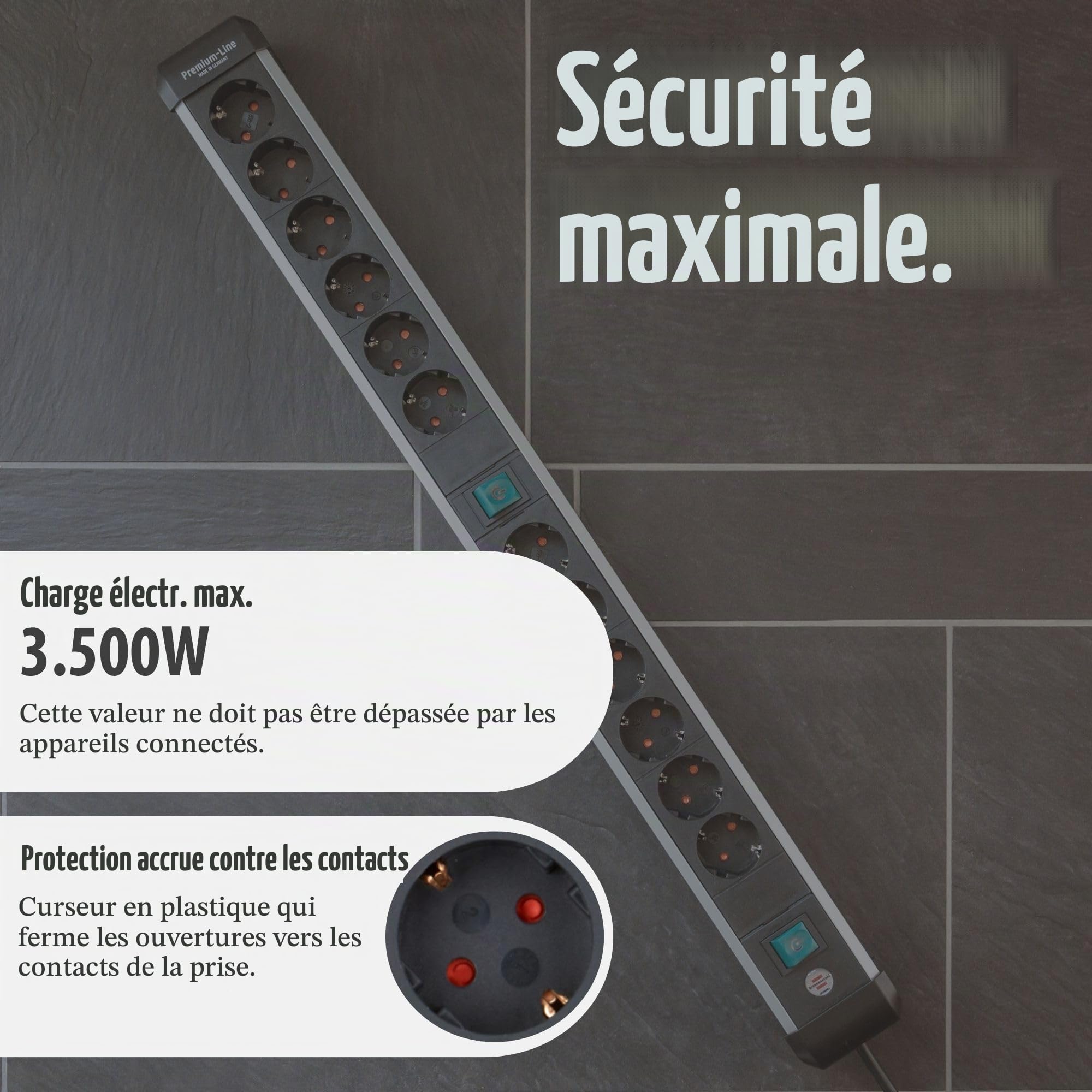 Brennenstuhl Multiprise Alu-Line - 12 Prises - en Aluminium de qualité supérieure - avec 2 interrupteurs et câble de 3 m - Fabriquée en Allemagne