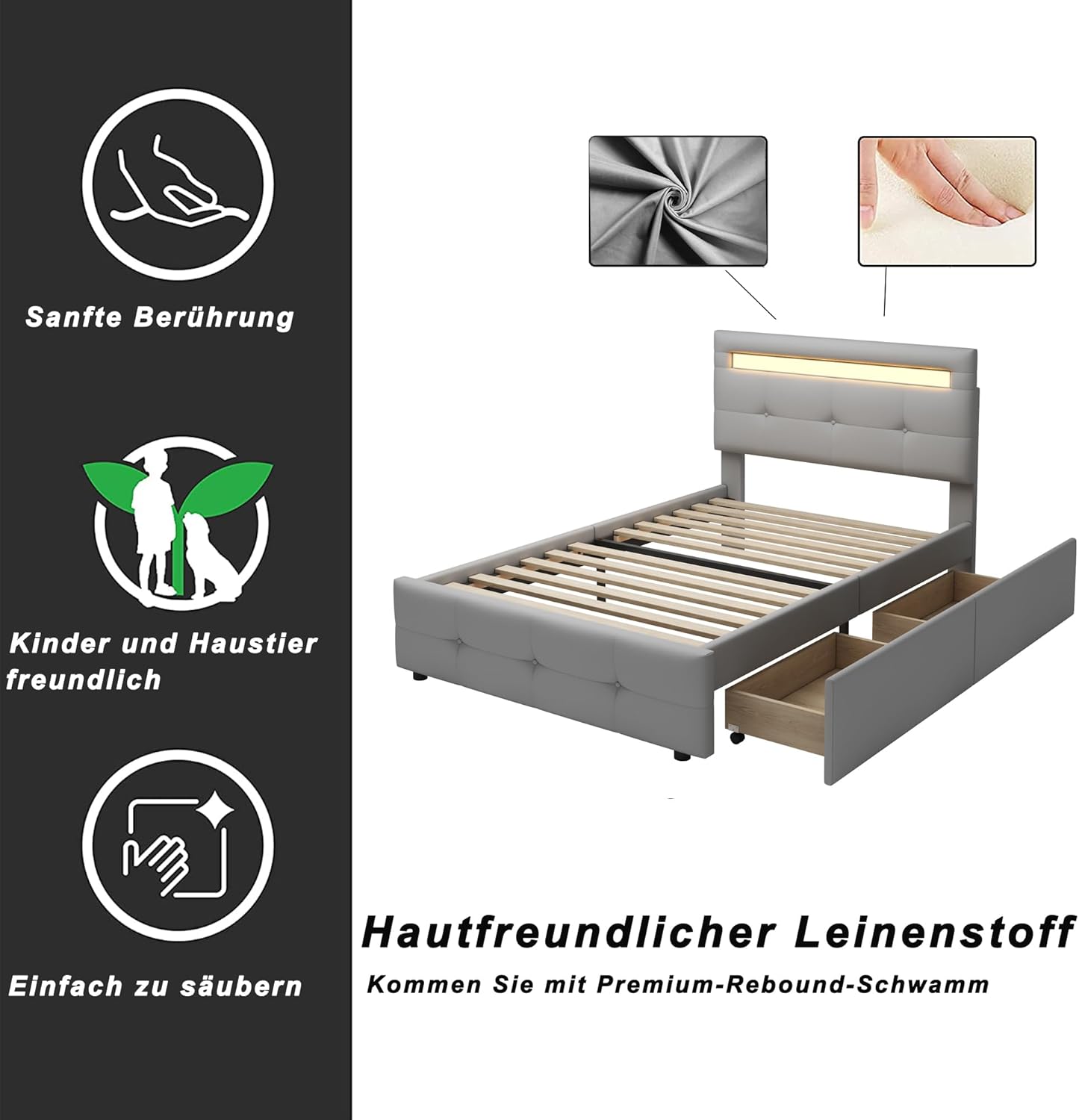 Bed with open storage drawers revealing interior space