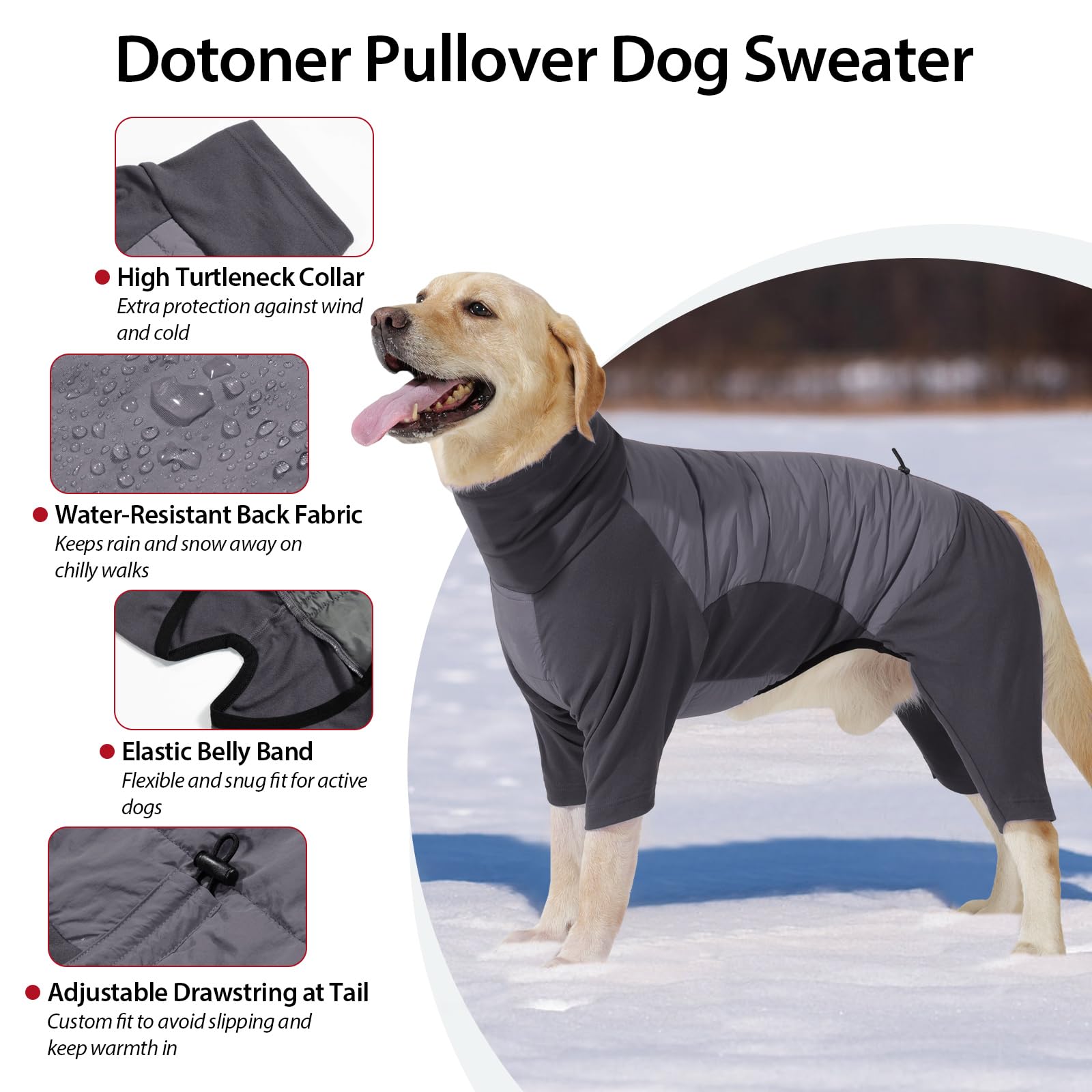 Dotoner Cappotto Impermeabile per Cane a 4 Zampe, Giacca Antivento Invernale con Materiale Elastico, Body Caldo con Passante per Guinzaglio, Pigiama Cani di Taglia Piccola Media e Grande