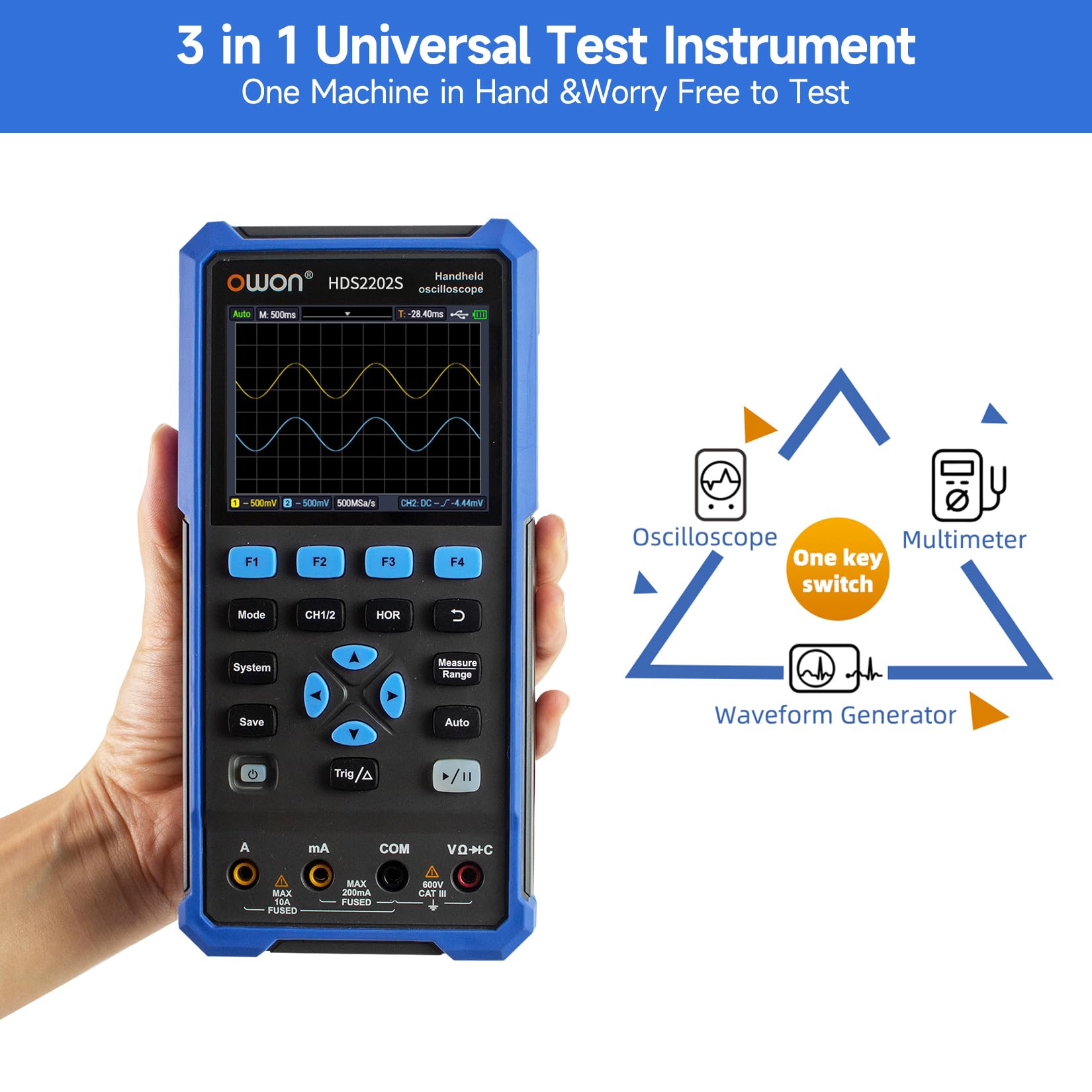 OWON HDS2202S 3 in 1 Hand oszilloskop, 200MHz Bandbreite USB Typ C mit 3,5 Zoll LCD Display, 20000 Zählungen Digital multimeter, 2Kanal Digital Oszilloskop und 1Kanal Wellenformgenerator