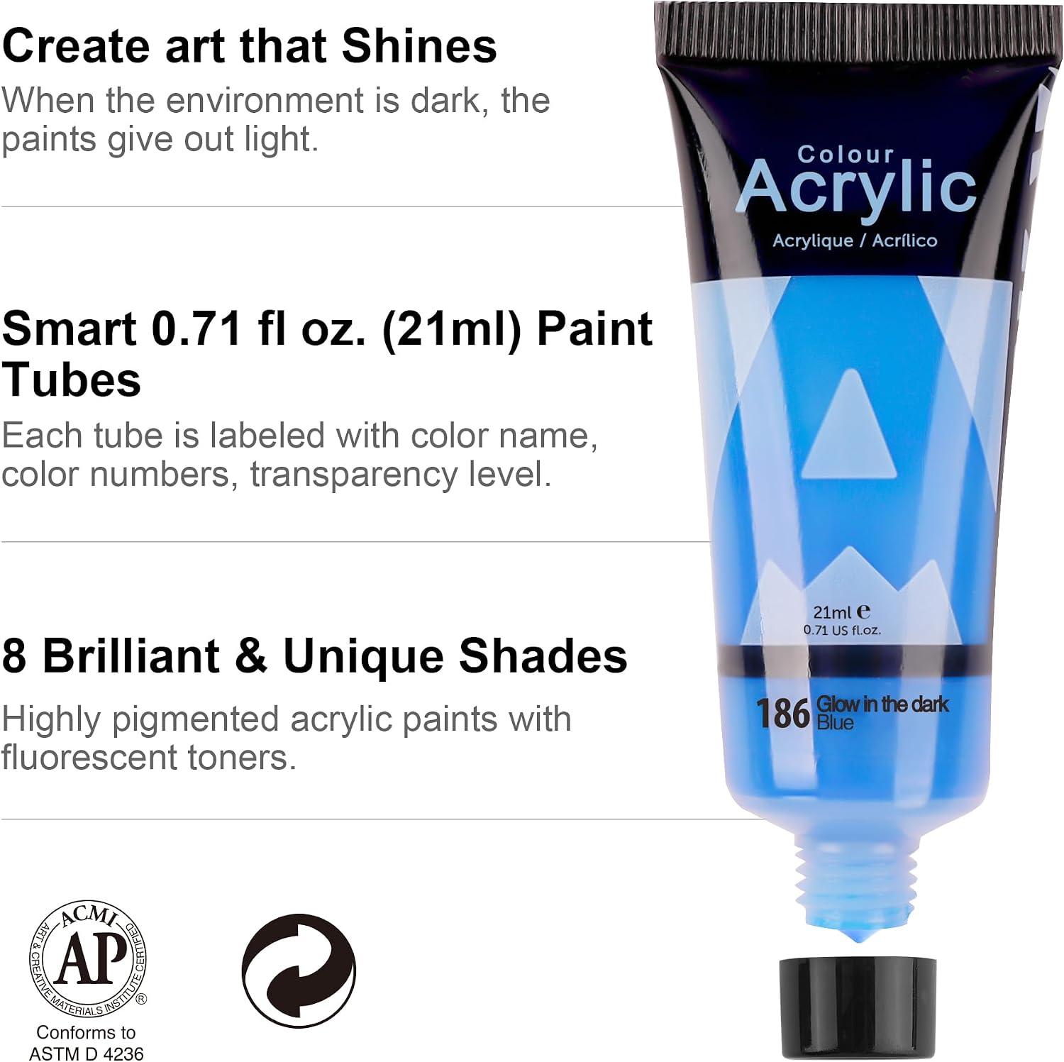 AUREUO Glow in the Dark Acrylic Paint - 8 Colors x 0.71 Fl Oz / 21ml Neon UV Black Light Paints for Rocks, Wood, Craft, Canvas, Paint Party Supplies