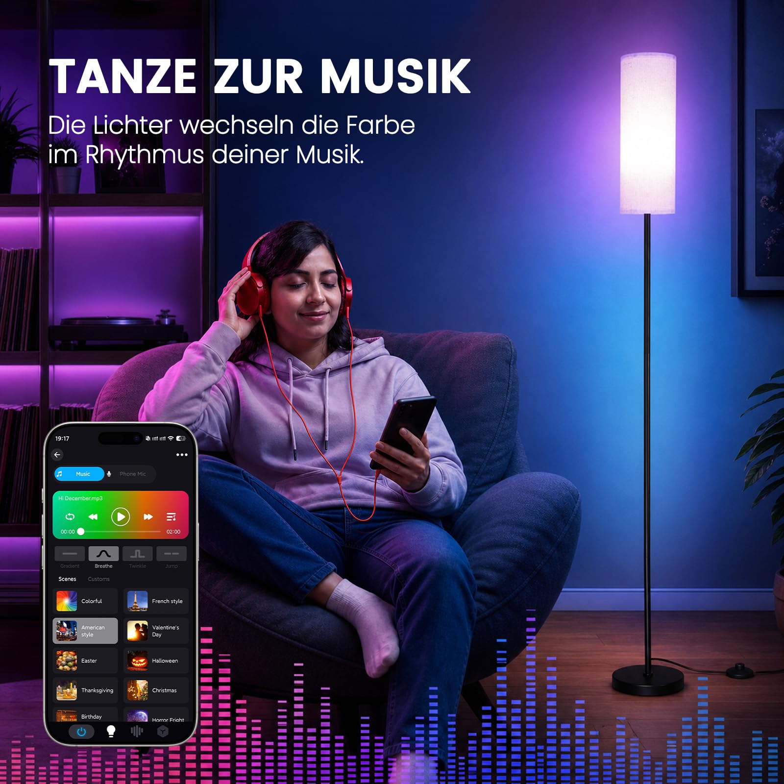 Stehleuchte mit Leinenschirm, 172 cm moderne Stehleuchte mit RGB Smart LED Lampe, Fernbedienung und stufenloser Dimmfunktion für Wohnzimmer, Schlafzimmer, Büro oder Ecke