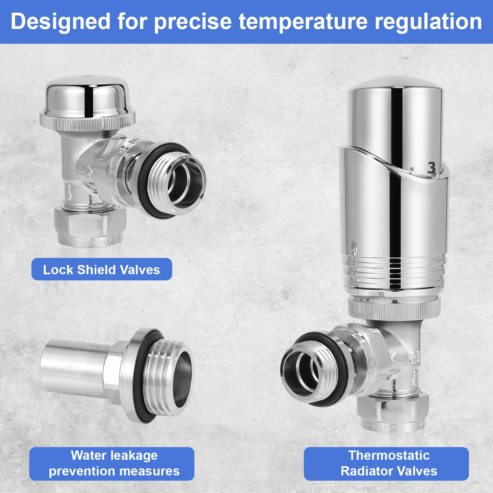 SVNR Thermostatic Radiator Valves (TRV), Textured Chrome, Angled Lockshield Valve, 15mm - Image 3