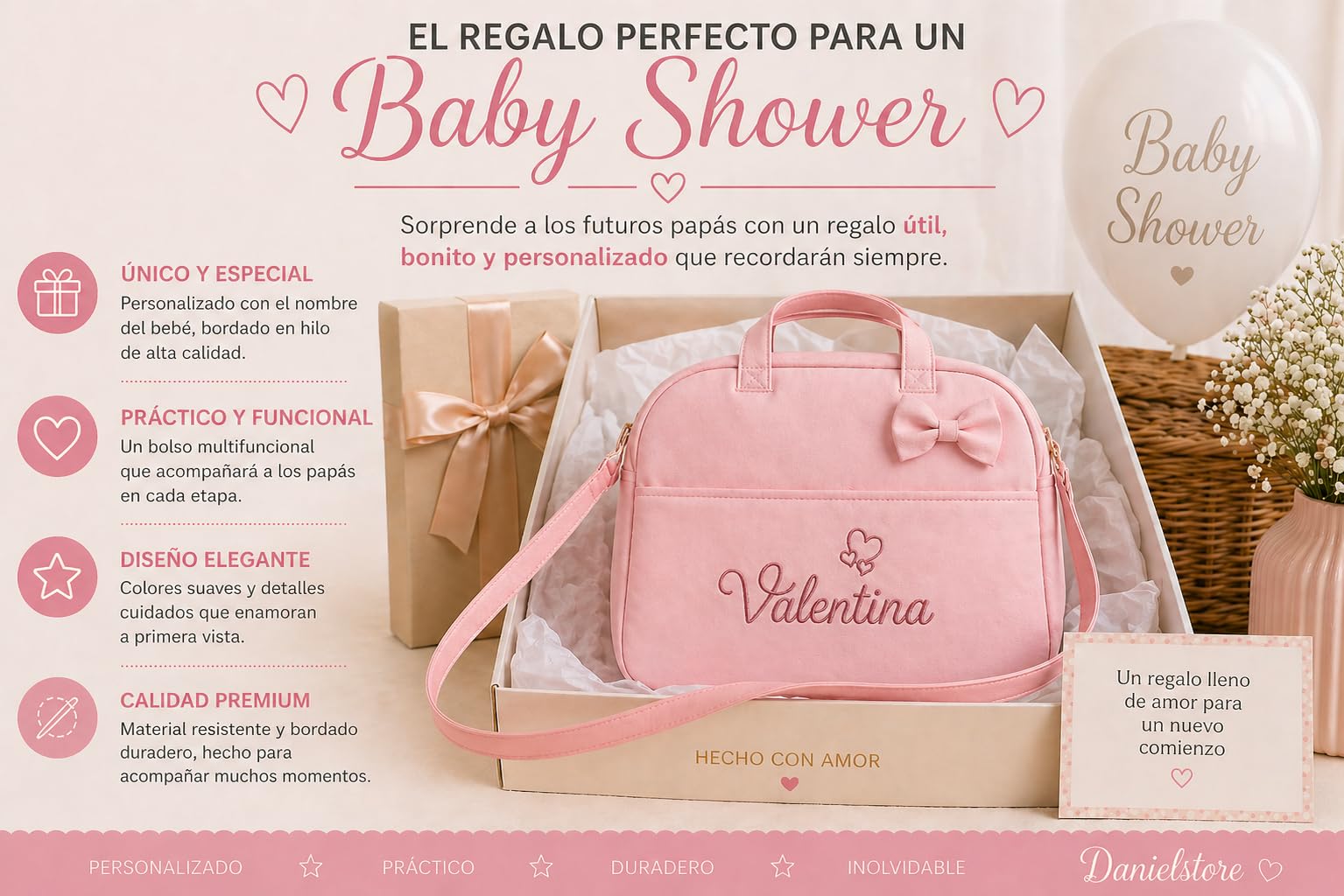 Danielstore - Bolso Maternidad Personalizado | Organizador Pañales | Asa Colgar al Hombro | Compatible Carrito Bebe | Fácil Limpieza, Rosa, 1 Unidad, Polipiel