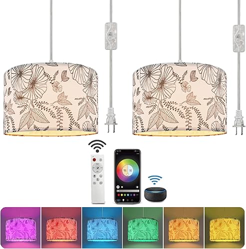 Miniatura 7 de Lámpara colgante enchufable, paquete de 2 con control remoto, luces colgantes de 15 pies con cable enchufable, lámpara de flores, lámparas colgantes