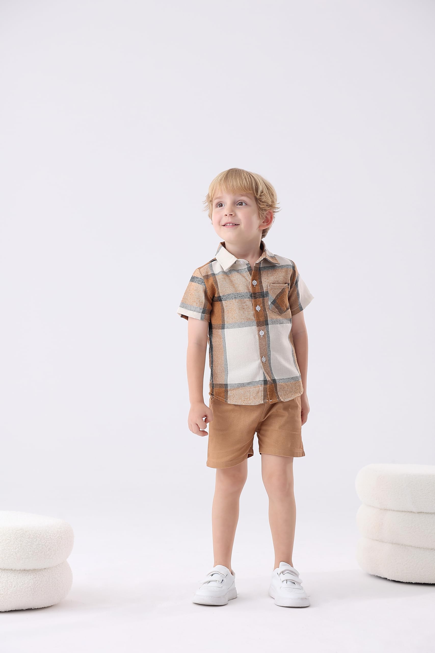 Camisas de manga corta con botones para niños, ropa de verano a cuadros de algodón con bolsillo, 2-8T (paquete de 2)
