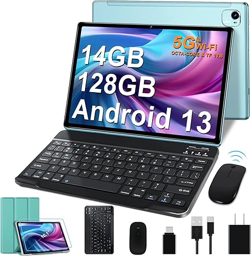 Tableta 10.1 pulgadas Android 13 Tablet Octa-Core 2.0 GHz, 14GB RAM 128GB ROM TF 1TB, cámara 5+8MP, batería 8000mAh, WiFi 5G, Bluetooth 5.0, tableta