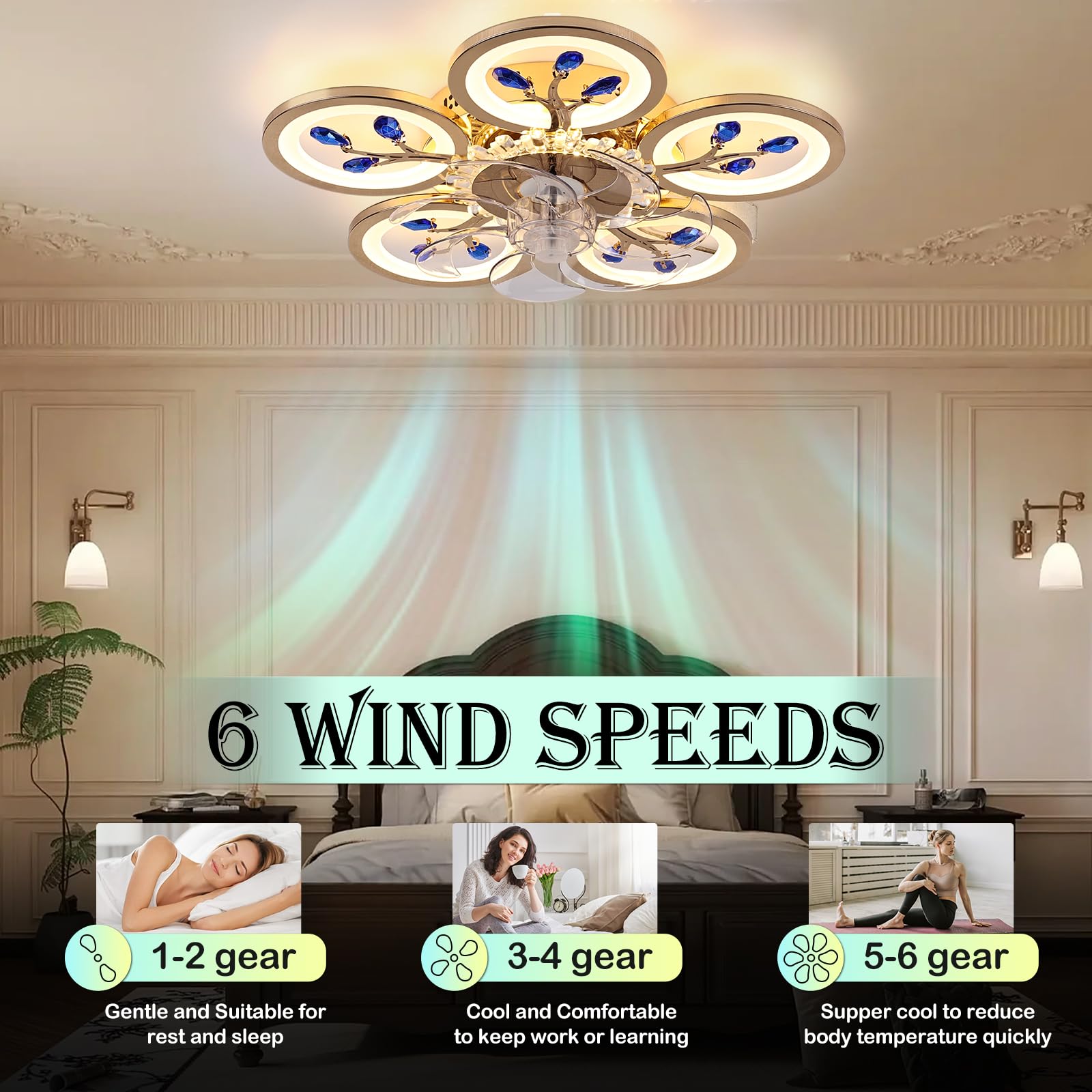 Sierjian Ceiling Fan with Lights, Modern Dimmable Ceiling Fans, Low Profile Flower Ceiling Fan with Remote, Timing 6 Gear Speeds, Dimmable LED Chandelier Fan for Kitchen Living Room Bedroom, Gold