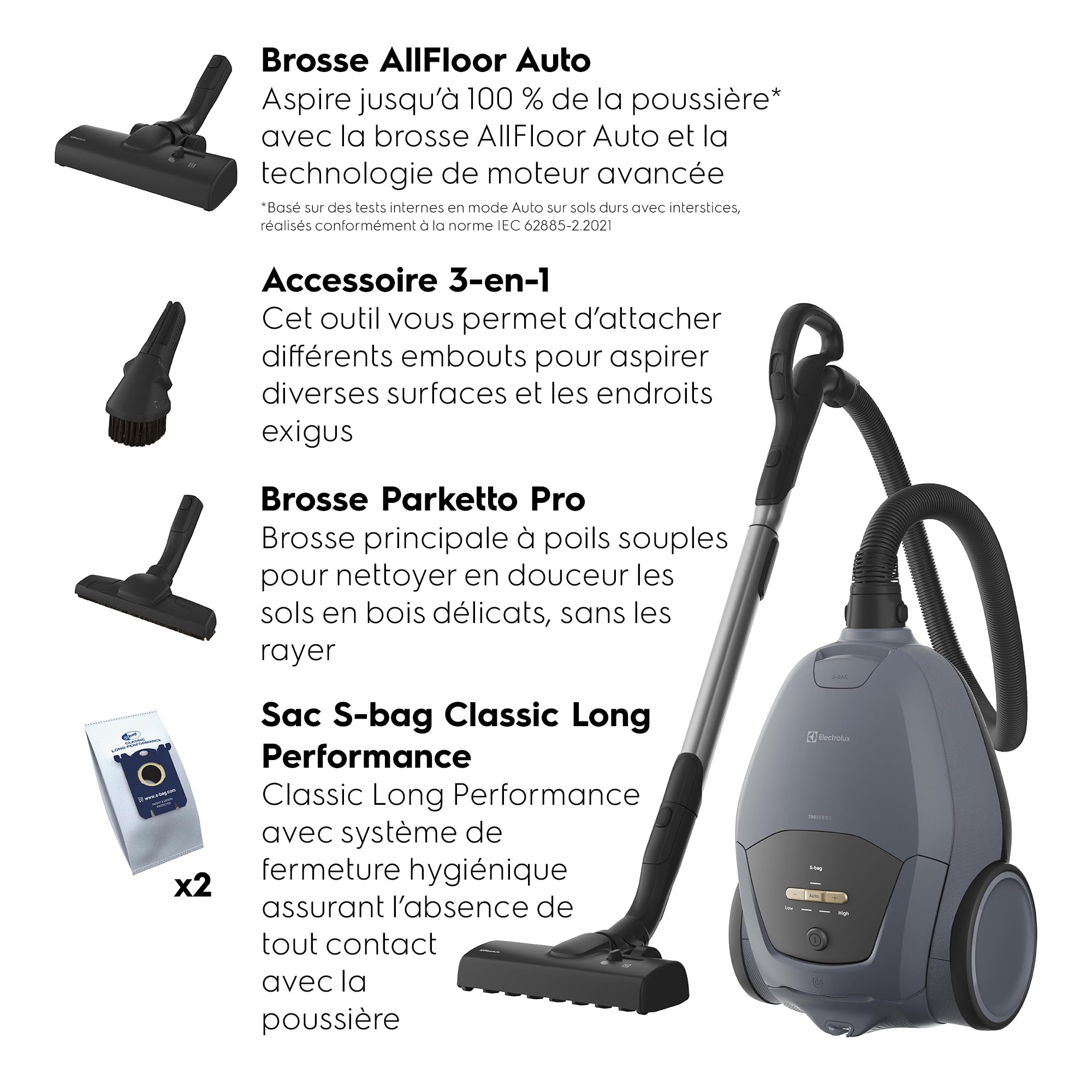 Electrolux 700 Silent Aspirateur avec Sac EB71U2LDB, Ultra Silencieux 59 DB, Brosse AllFloor Auto Tous Sols, Filtre Hygiène E12 Lavable, Rayon d’Action 12 m, 3,5 L, Bleu Denim Clair
