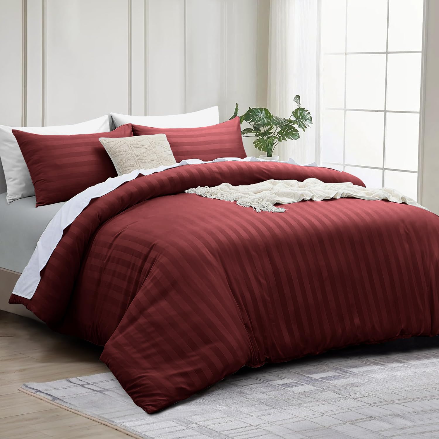 Parure de lit double housse de couette satin bordeaux microfibre douce 2 taies