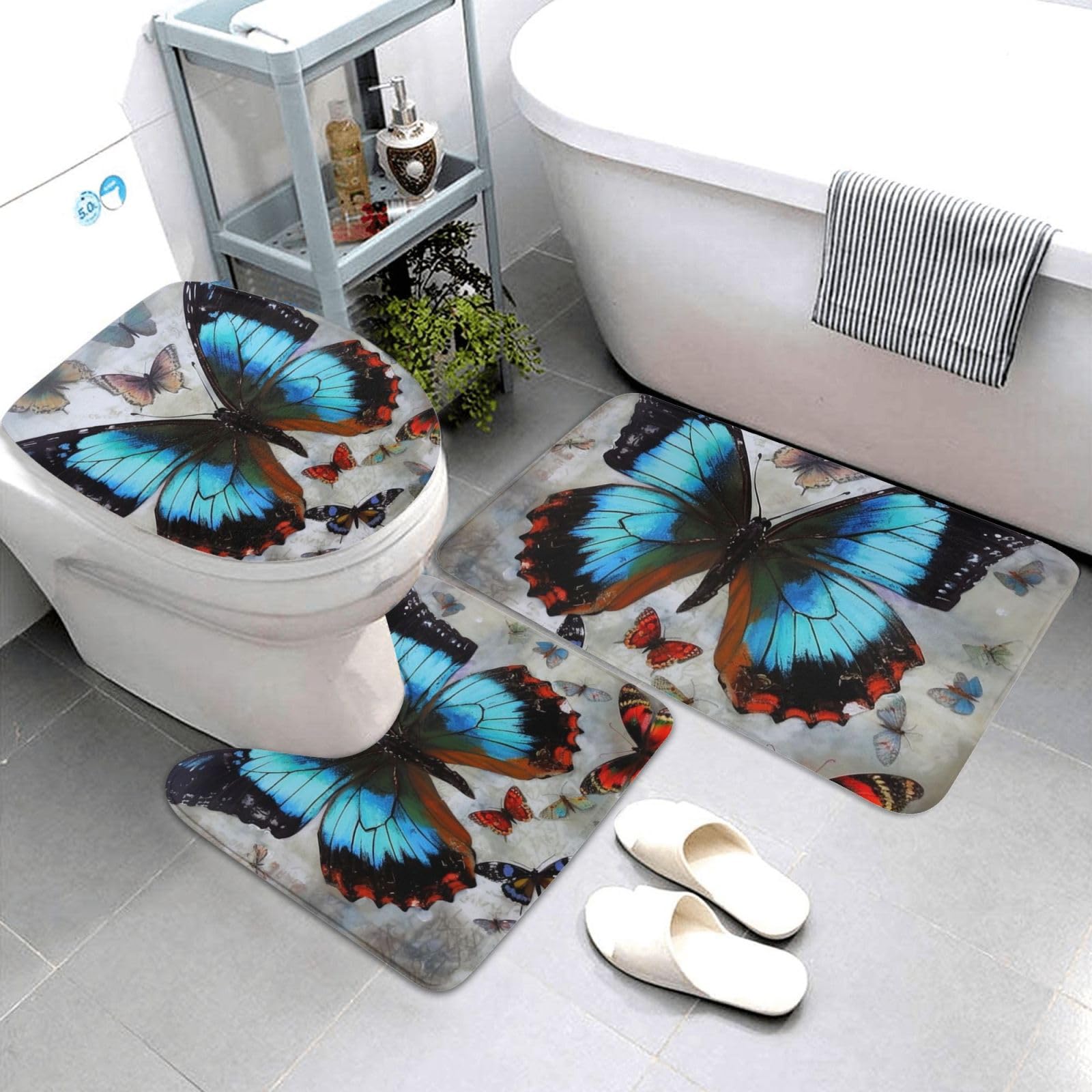 Dwrepo Butterfly Print Bathroom Rug Set 3 Piece with Non-Slip U-Shaped Contour Mat and Toilet Lid Cover for Bathroom Decoration