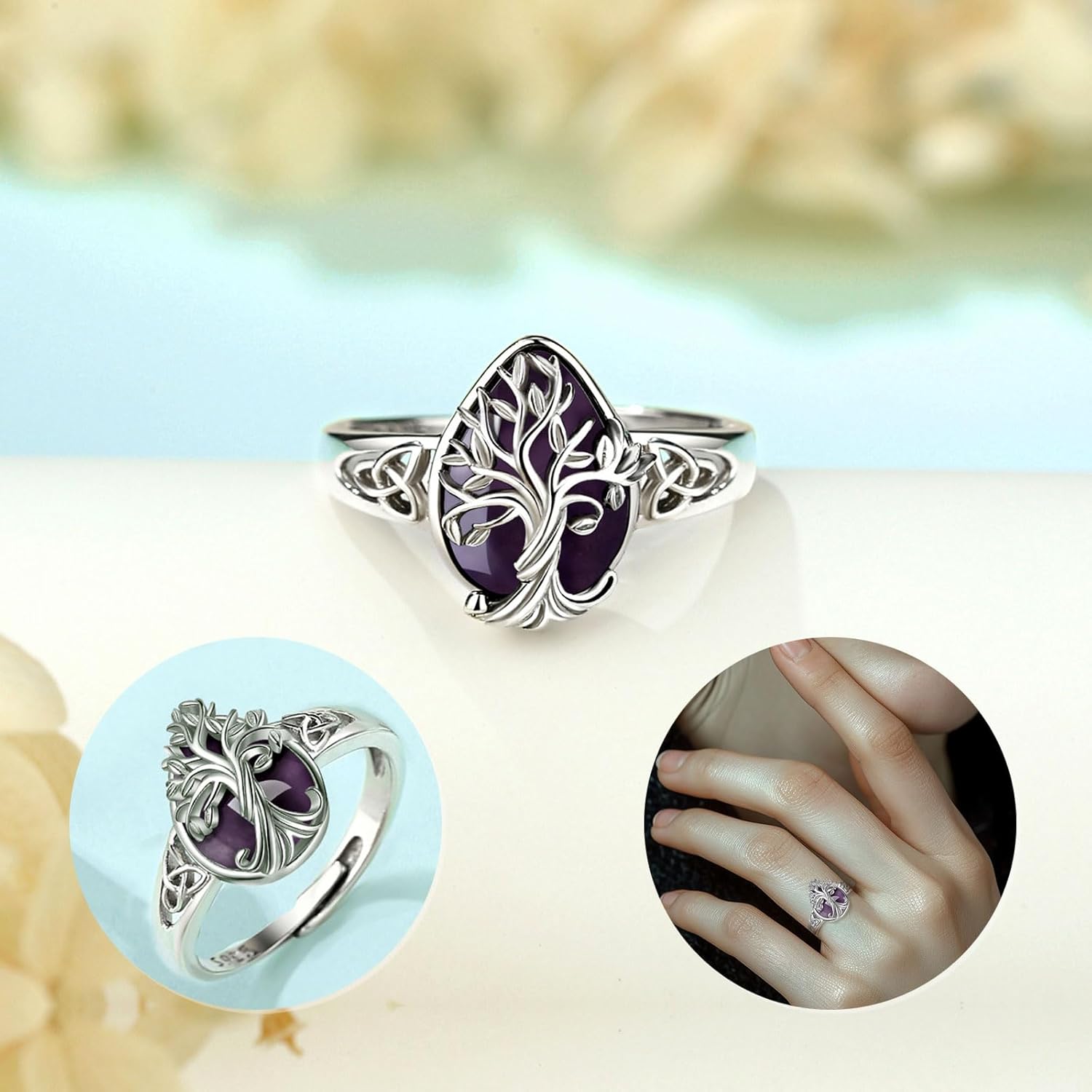 Vito 925 Sterling Silver Tree of Life Ring for Women Men, Adjustable Teardrop Moonstone Amethyst Obsidian Crystal Tree Open Band Rings Protection Amulet Jewelry Gift