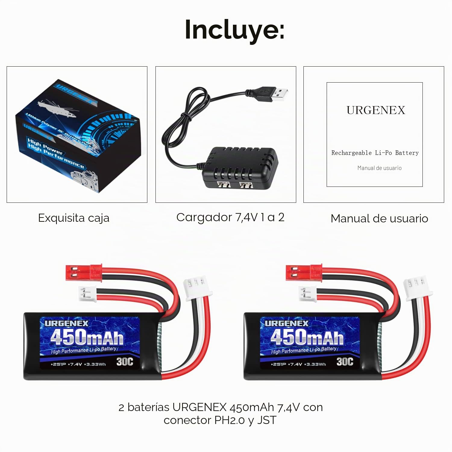 Batería Lipo de 7.4 V 2S 30C 450 mAh recargable con enchufe JST y PH2.0 SCX24 batería con cargador USB 1to2, apto para la mayoría de aviones y drones a escala 1/10, 1/16, 1/18, 1/24