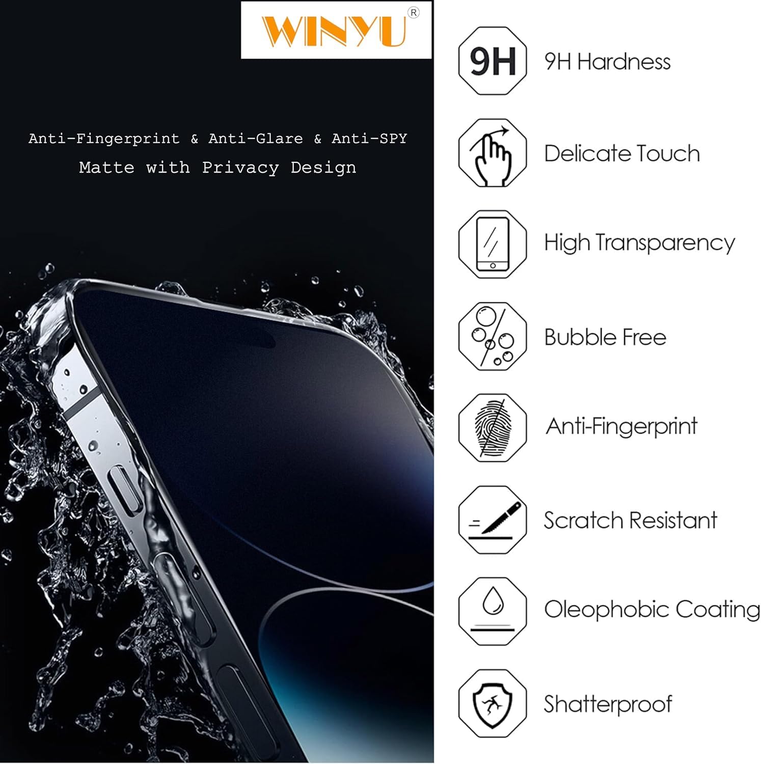 WINYU 3PCS Matte Privacy Screen Protector for iPhone 16 Pro Anti Spy Tempered Glass 9H Anti-Glare Anti-Fingerprint Full Coverage Matte Protective Film for Apple 16 Pro,6.3" - Image 4