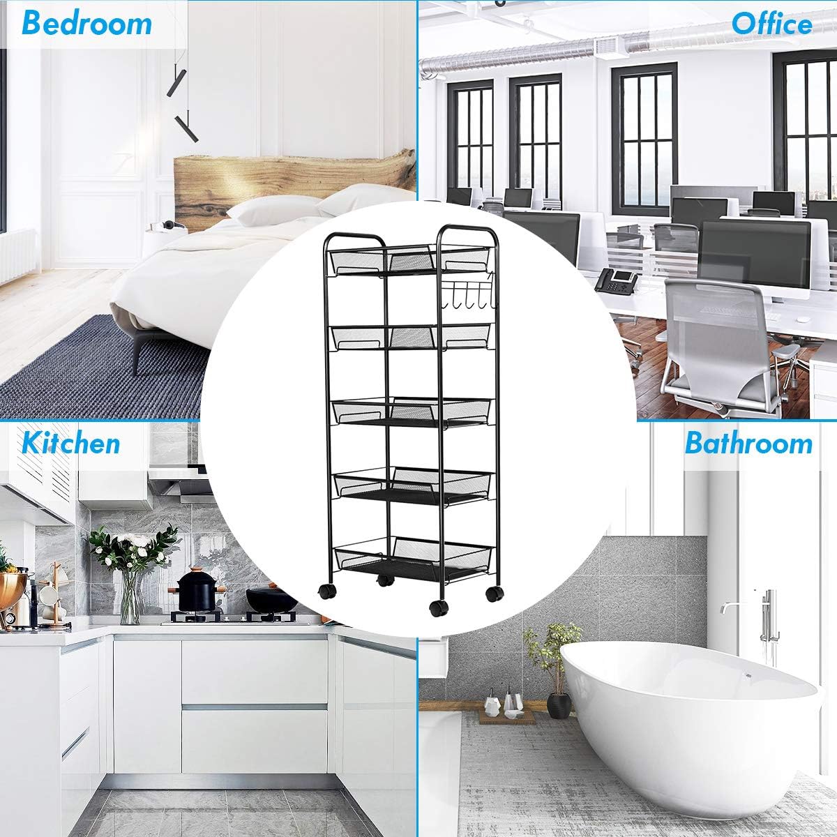 Giantex Storage Rack Trolley Cart Home Kitchen Organizer Utility Baskets with 5 Hooks (5 Tier, Black)