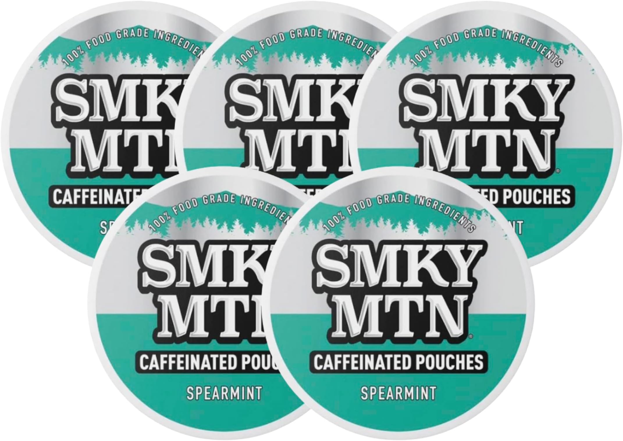 Caffeinated Pouches - Spearmint - Tobacco Free and Nicotine Free - 5 Can Box - 15 Pouches Per Can