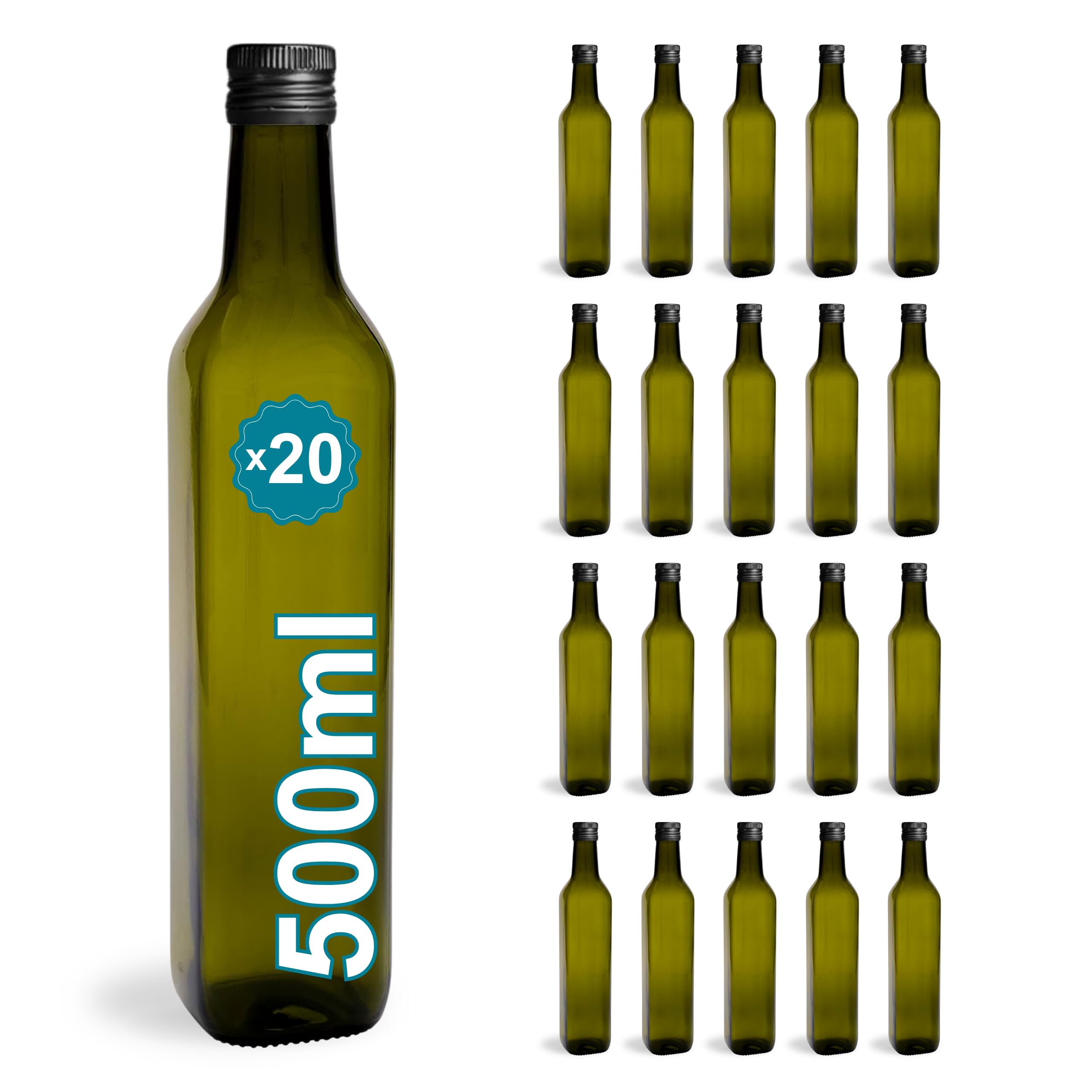 Espirito Rebelde 20 Flaschen aus dunklem Glas, 500 ml, mit schwarzem Schraubverschluss | Olivenöl, Essig, Alkohol | Ölflasche aus Glas, Glasbehälter, Ölflasche