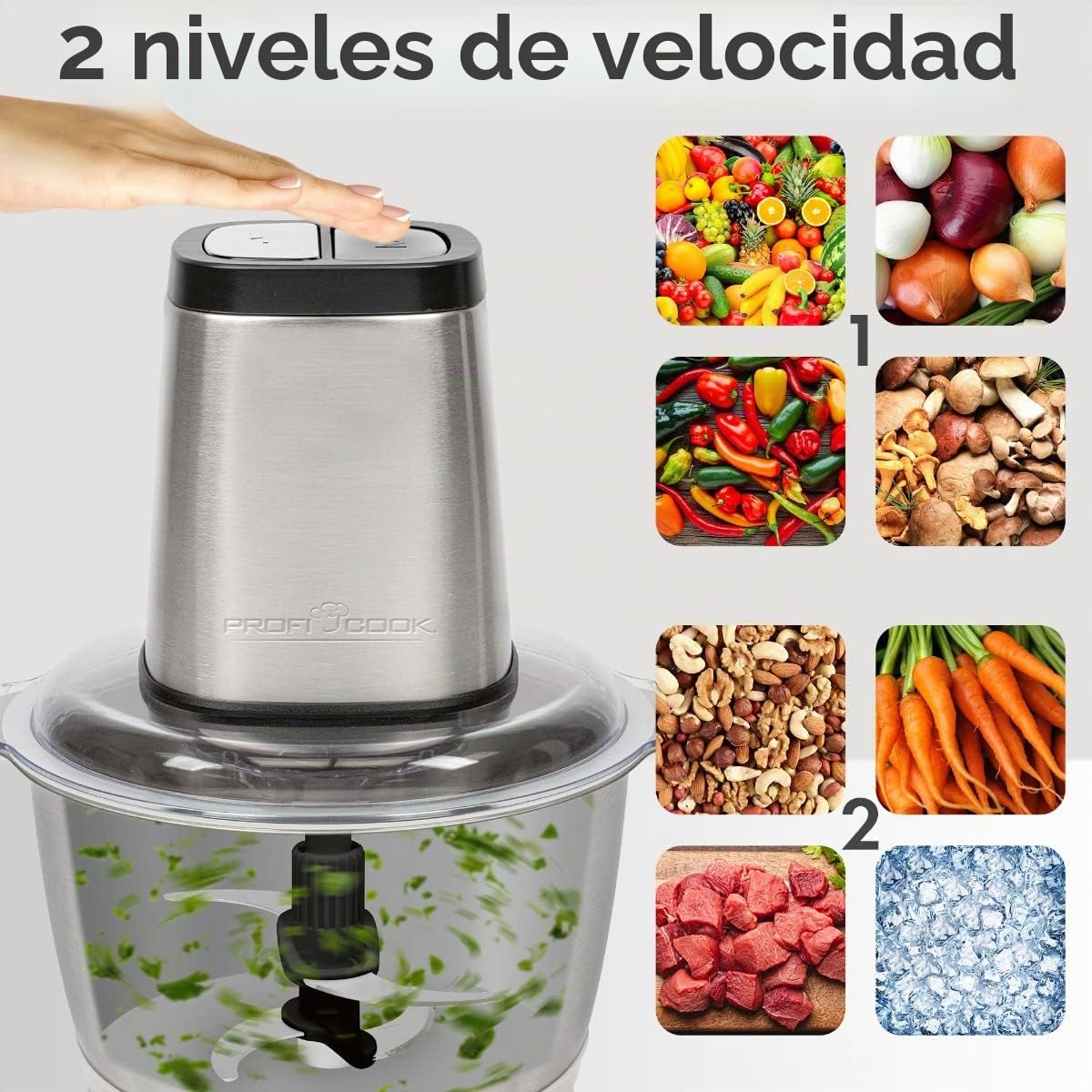 ProfiCook PC-MZ 1227 - Picadora eléctrica con función de trituración de hielo, cortador de verduras, recipiente de acero inoxidable de 1,7 l, cuchillo combinado para 2 o 4 cuchillas