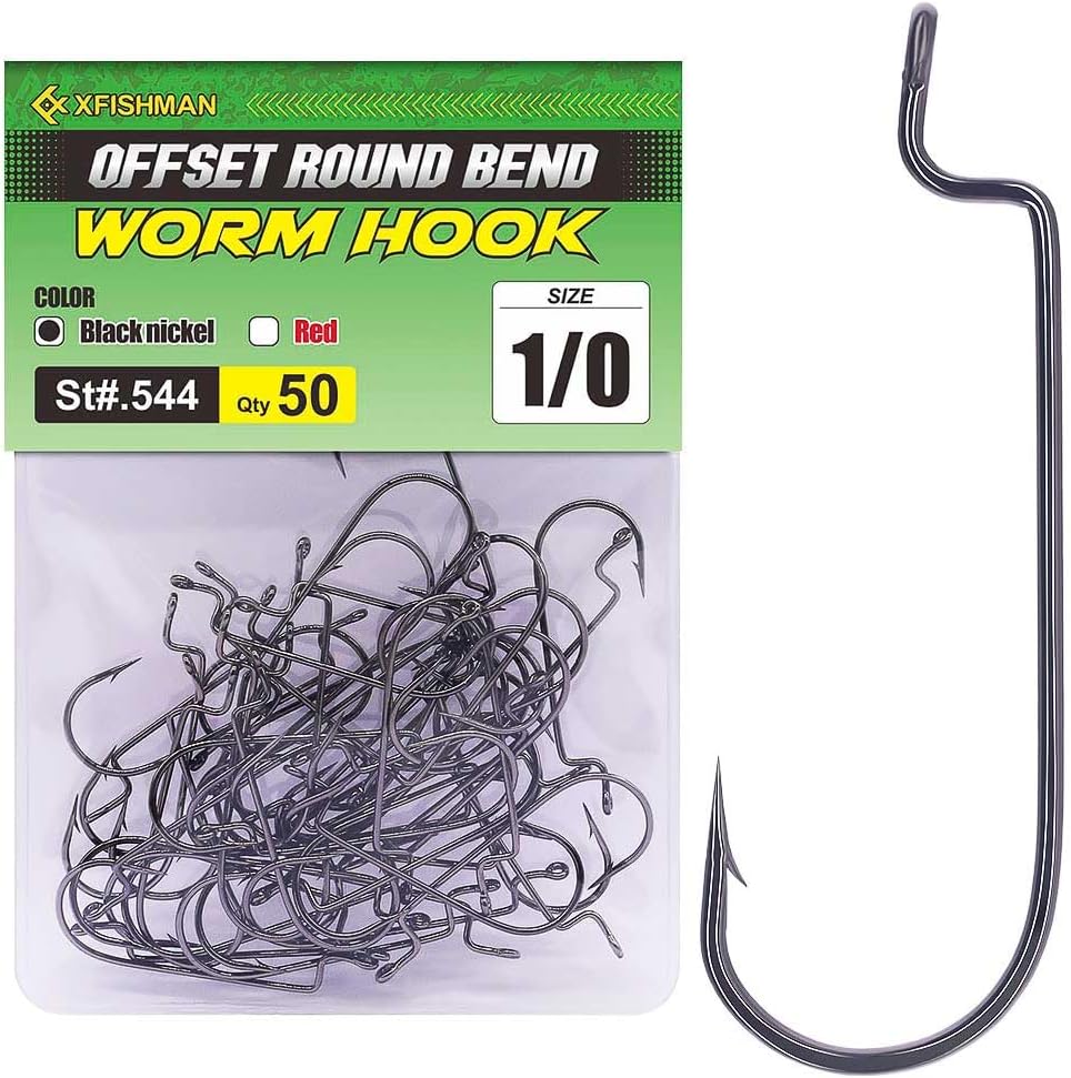 XFISHMAN Offset-Shank Worm Hooks, 50-Pack, Black and Red