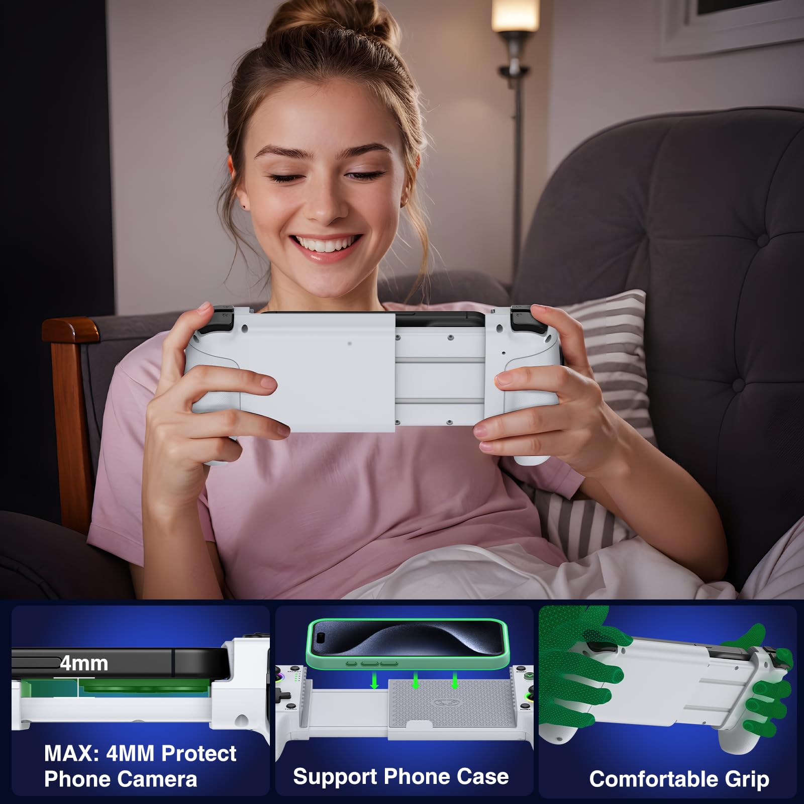 Controlador de teléfono para iPhone/Android – Controlador de juegos móvil con palanca de mando de efecto Hall, soporte de funda de teléfono, luz dinámica fría, función turbo, vibración dual