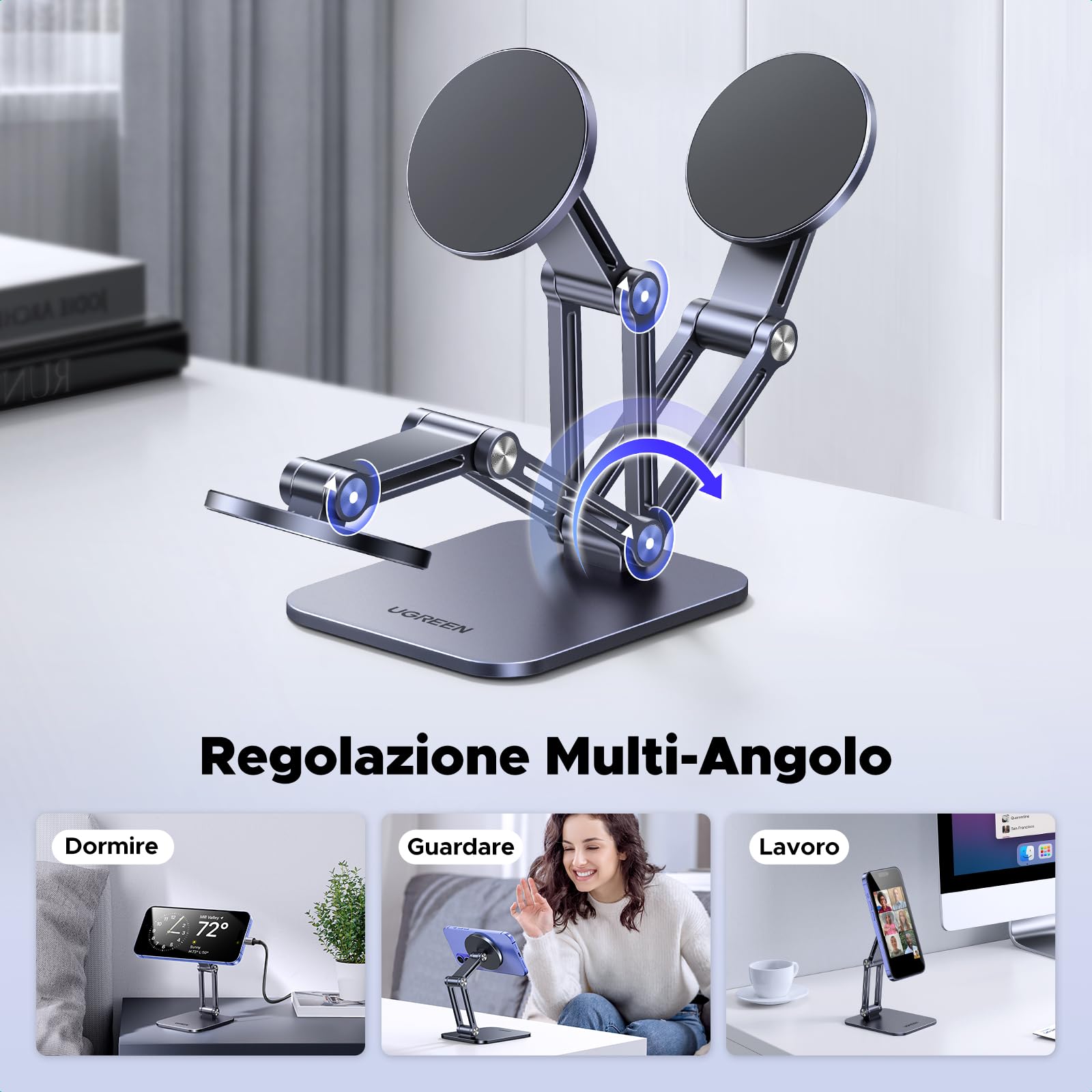 UGREEN Supporto Magnetico Magsafe da Tavolo Pieghevole con Anello in Metallo, Porta Cellulare Scrivania, Compatibile con iPhone 16 Plus Pro Max/15/14/13, Galaxy S23 Argento