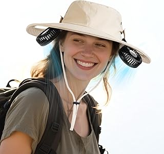 AMACOOL 2-in-1 Hands-Free Hat Fan with Detachable Neck Fan, UPF 50+ Wide Brim Sun Hat, 3-Speed Adjustable, 2600mAh Rechargeable Fishing Essentials for Men Women Camping Travel Delivery Outdoor-Khaki