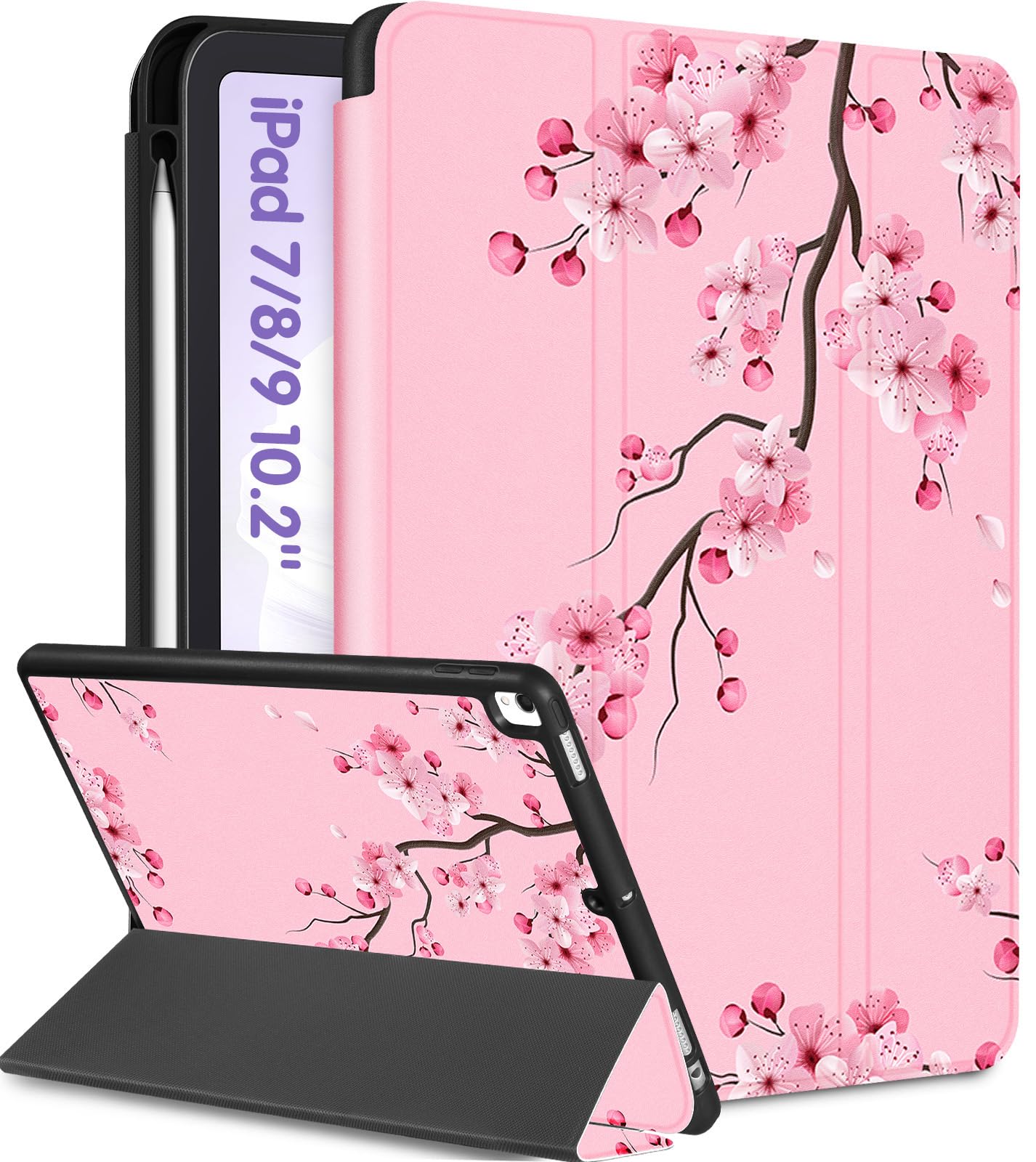Uppuppy for iPad 9th/8th/7th Generation Case 10.2 Inch Girls Cute Women Folio Smart Cover Pencil Holder Flowers Aesthetic Design Girly Teens Unique